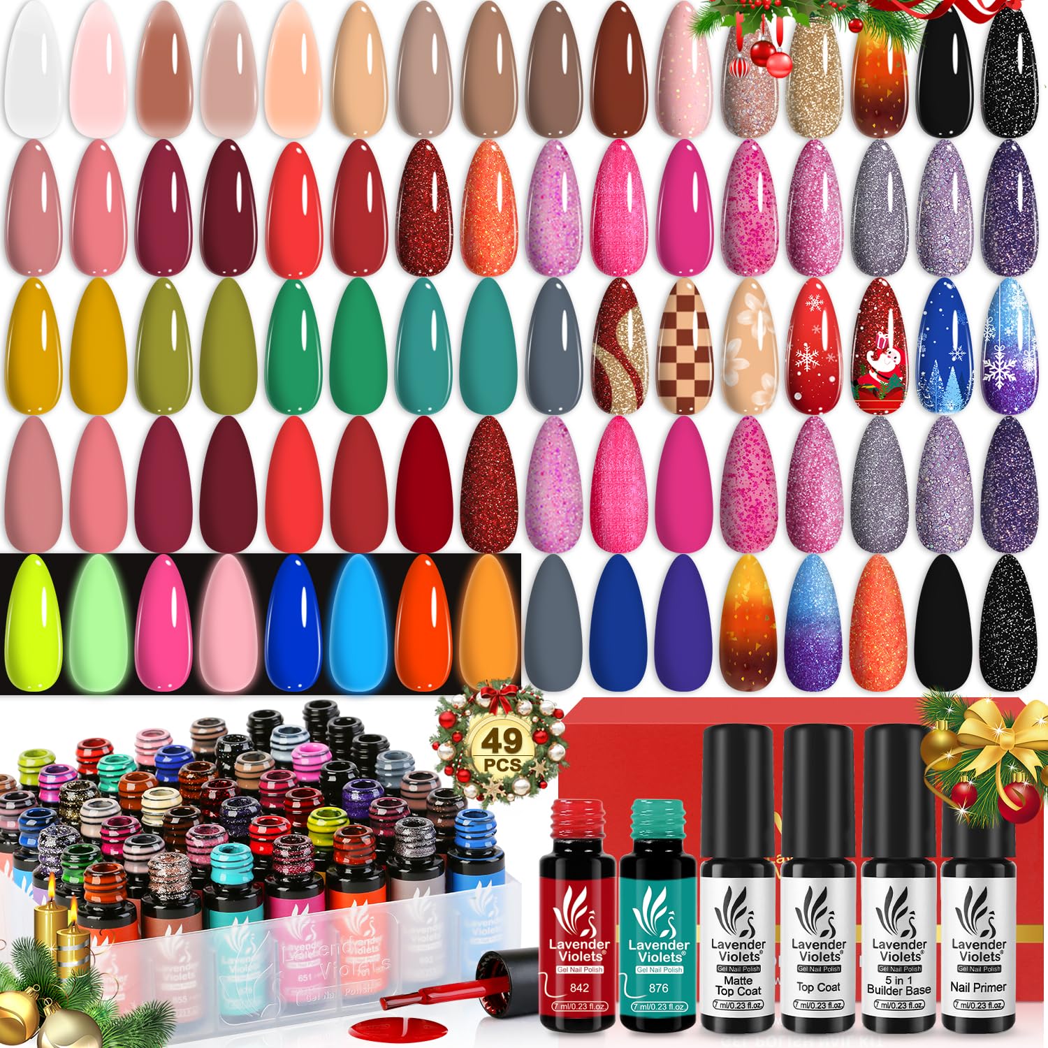 Lavender Violets 49pcs Gel Nail Polish Set 45 Colors Neon Glow in the Dark Effect with Nail Primer Builder Base Coat Glossy & Matte Top Coat Jelly Shades for Christmas Gift Set Nail Art Design A950