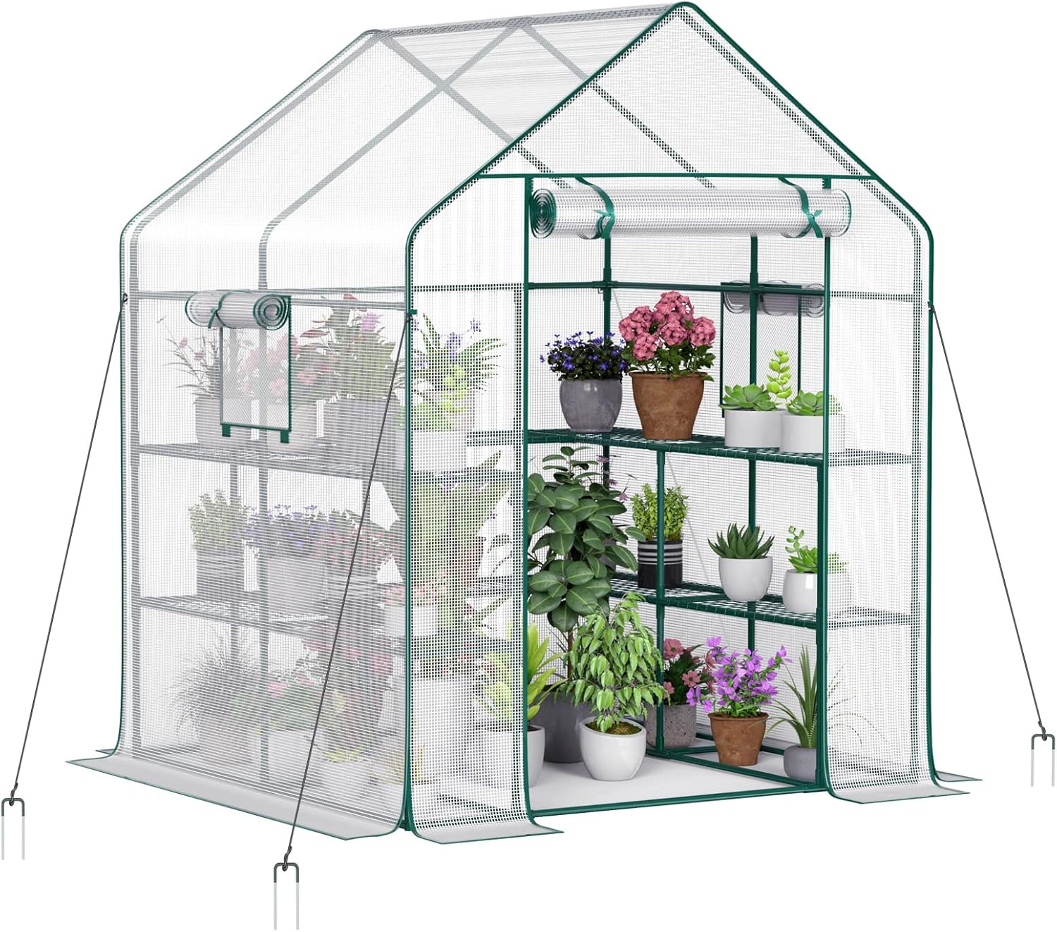Walk-in Outdoor Greenhouse with 2 Mesh Windows, 4 Tiers, and 10 Shelves - Durable PE Cover, Pegs and Ropes for Stability- Perfect for Outdoor Gardens, Plants, Herbs, and Flowers 56 x 56 x 78 inches