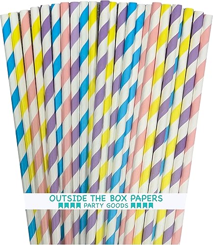 Pajitas de papel de Pascua a rayas pastel, azul claro, rubor, rosa, amarillo, verde menta, 7.75 pulgadas, paquete de 100 unidades