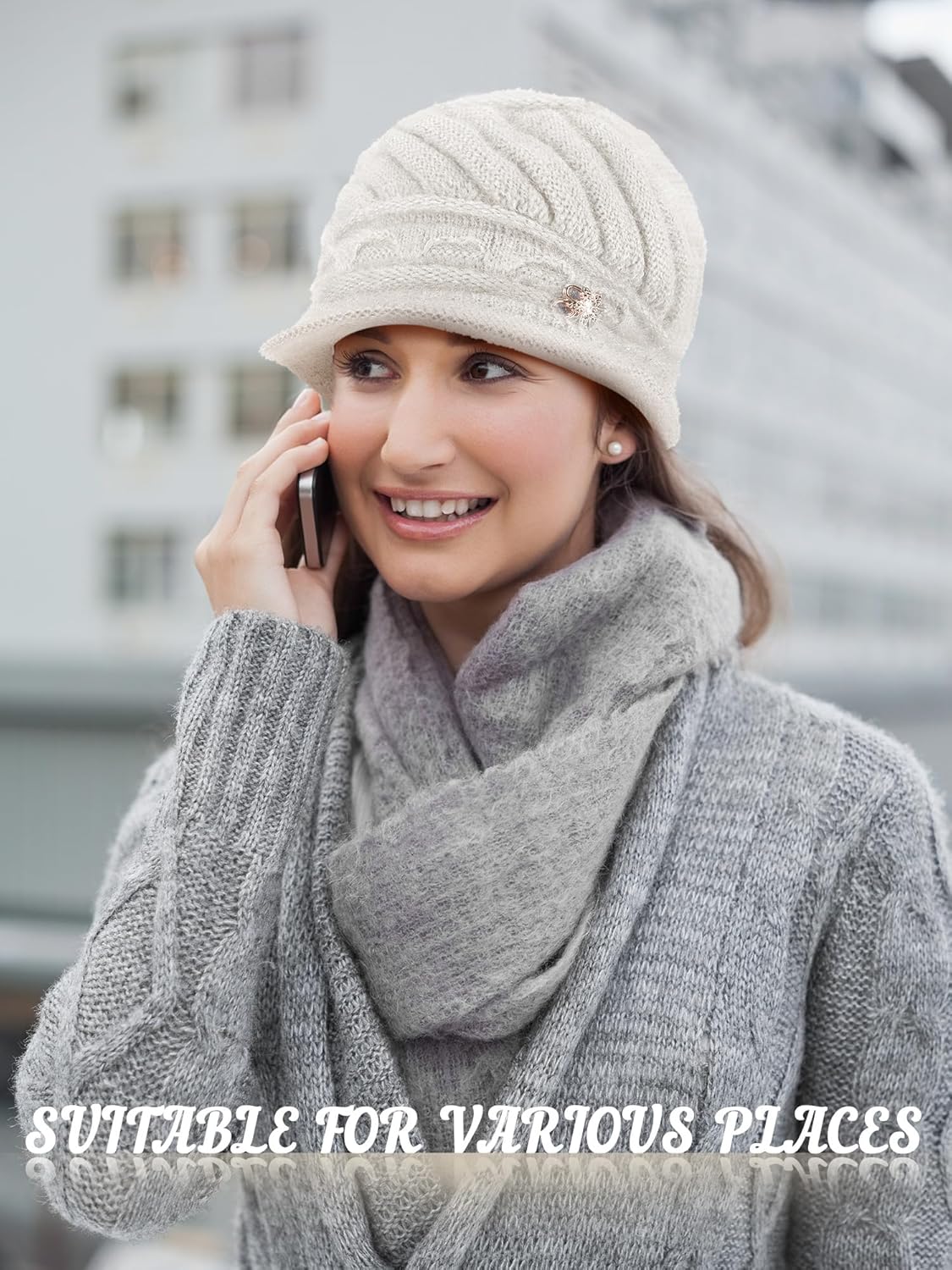 3 Pieces Womens Winter Hats Slouchy Beanie Cap with Visor Warm Knitted Newsboy Ski Snow Hats for Women Winter Gifts - Image 4