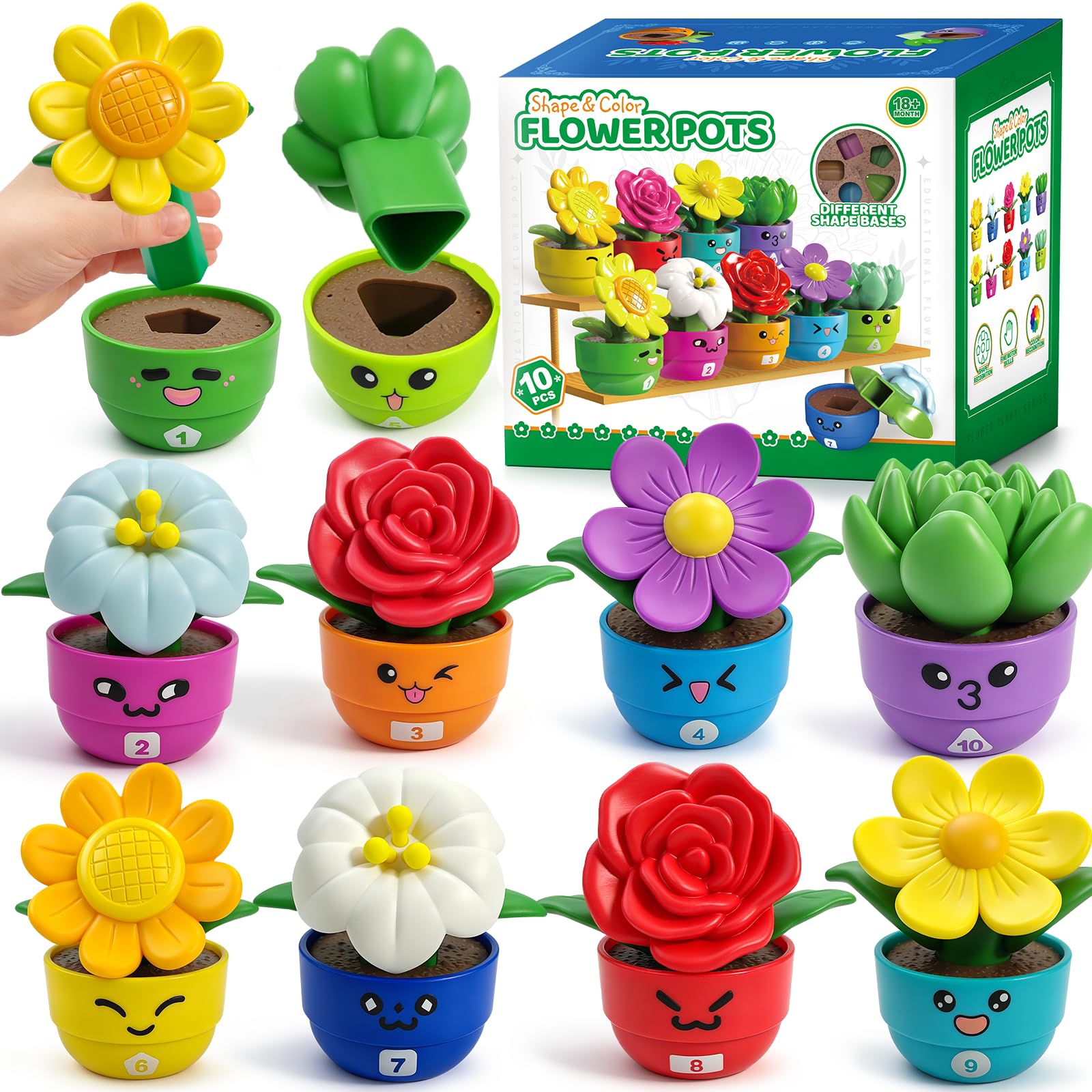 GEERAY 10 PCS Flower Garden Building Toys for Toddlers, Colour & Shape Sorting Stacking Game, Montessori Gardening Set Preschool Learning Activities, Educational Gift for 1-3 Year Old Boys Girls