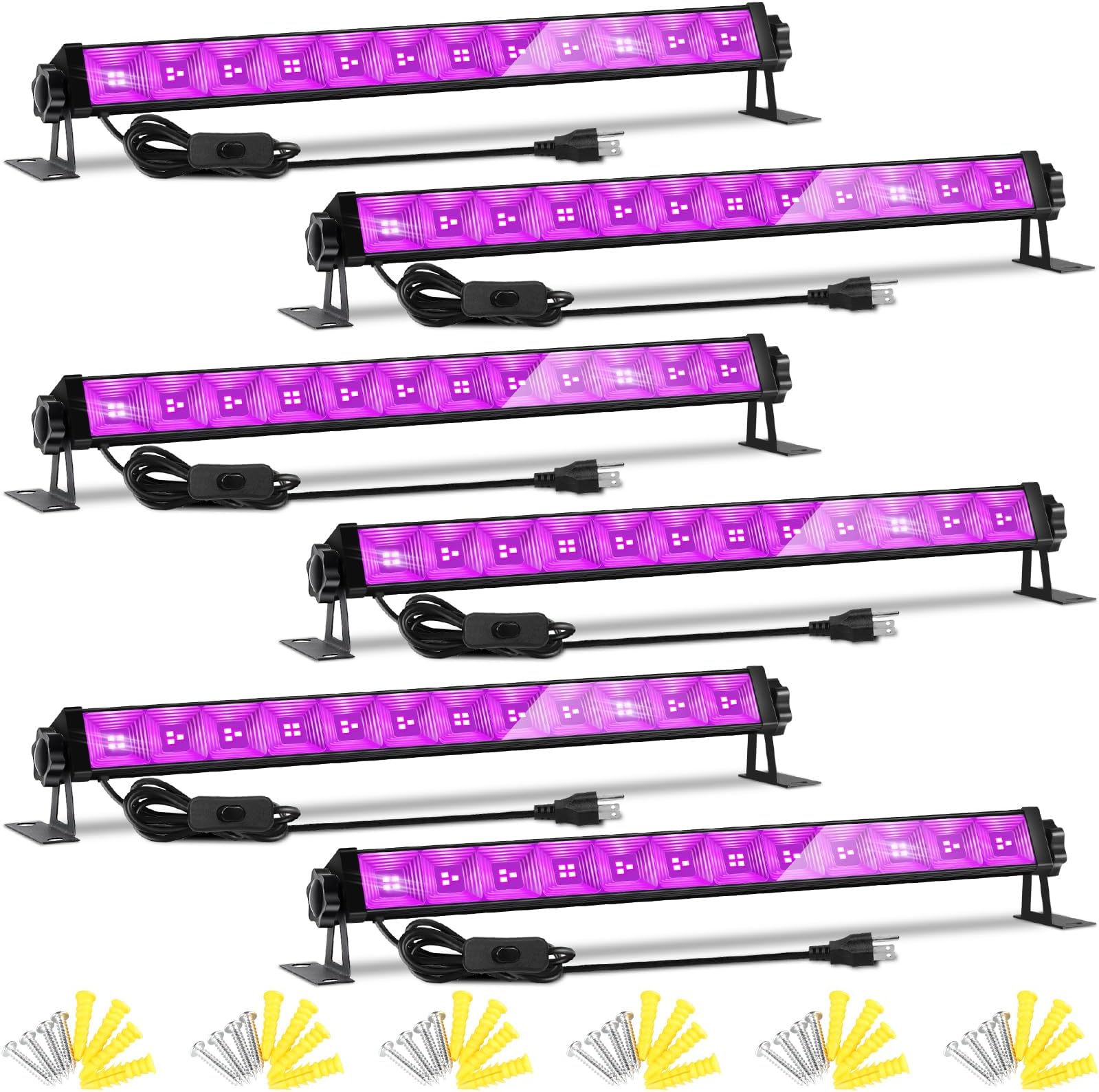 - 42W 6 Pack LED Black Light Bar, Blacklight Light Up to Lagre Area with 6ft Cable+Switch+Plug, Glow Party Light Supply for Halloween, Fluorescent Poster, Body Paint, Birthday,Classroom, Bedroom