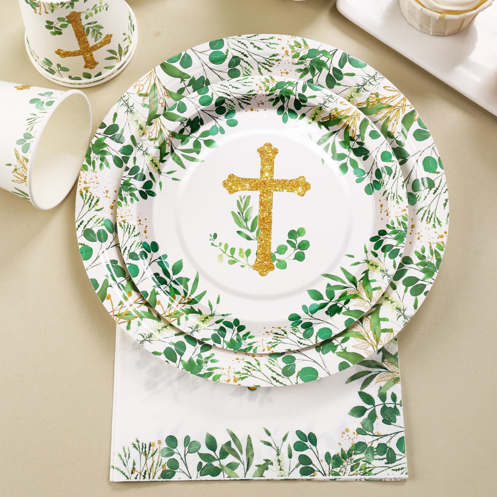 175 PCS Baptism Plates and Napkins Party Supplies - Baptism Decorations for Boys - God Bless Disposable Paper Plate First Communion Plates for Christening Baby Shower Party Decorations