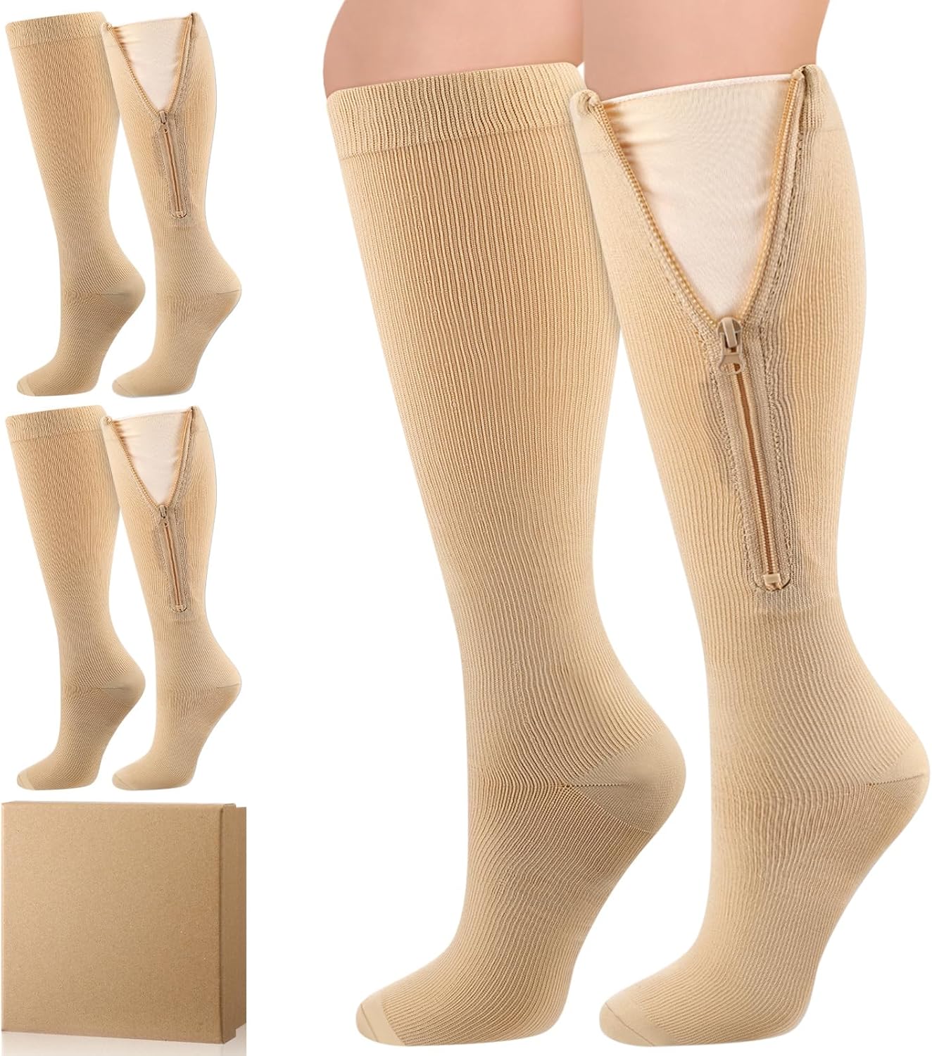 3 Pairs Zipper Compression Socks with Inner Lining Easy on 20-30mmhg Closed Toe Knee High Support Compression Socks with Gift Box for Men Women Swelling Edema