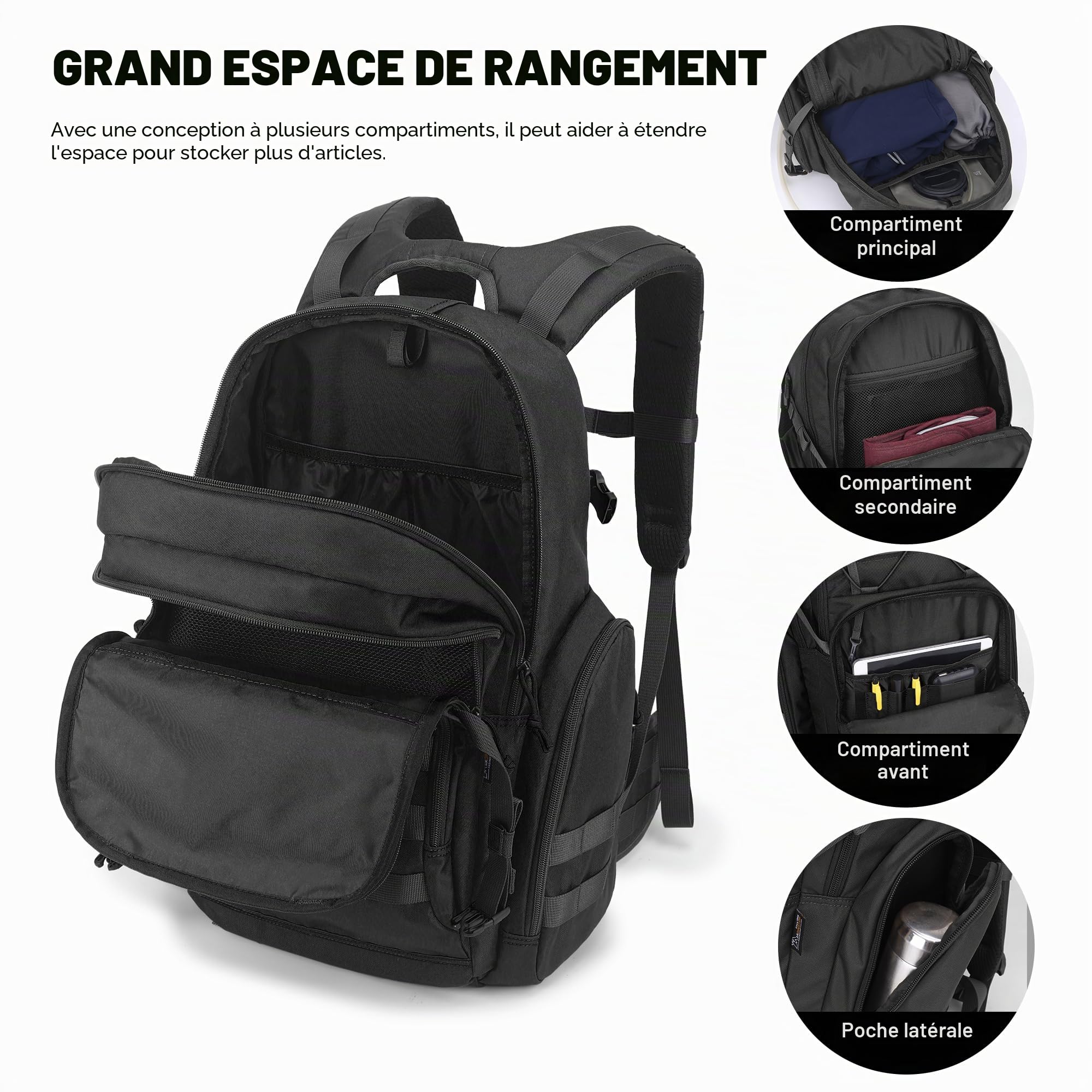 Mardingtop Sac à dos tactique de 40 L pour extérieur, camping, voyages, randonnée, Noir , 40