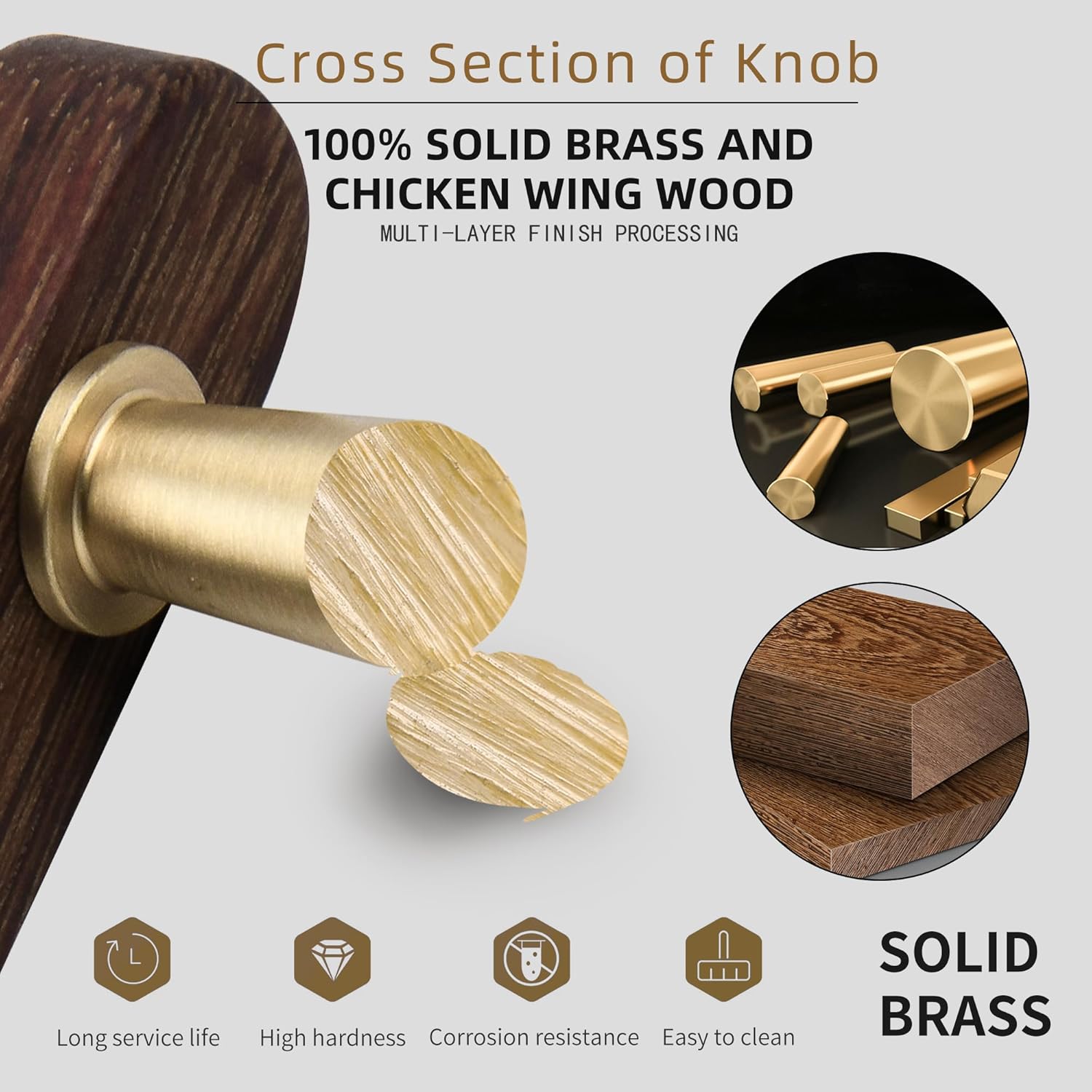 SALISENG-5 Pack Wooden Kitchen Cabinet Pulls,5 Inch Brass Dresser Drawer Handles, Modern Furniture Pulls for Cupboard Wardrobe Closet Cabinet Hardware