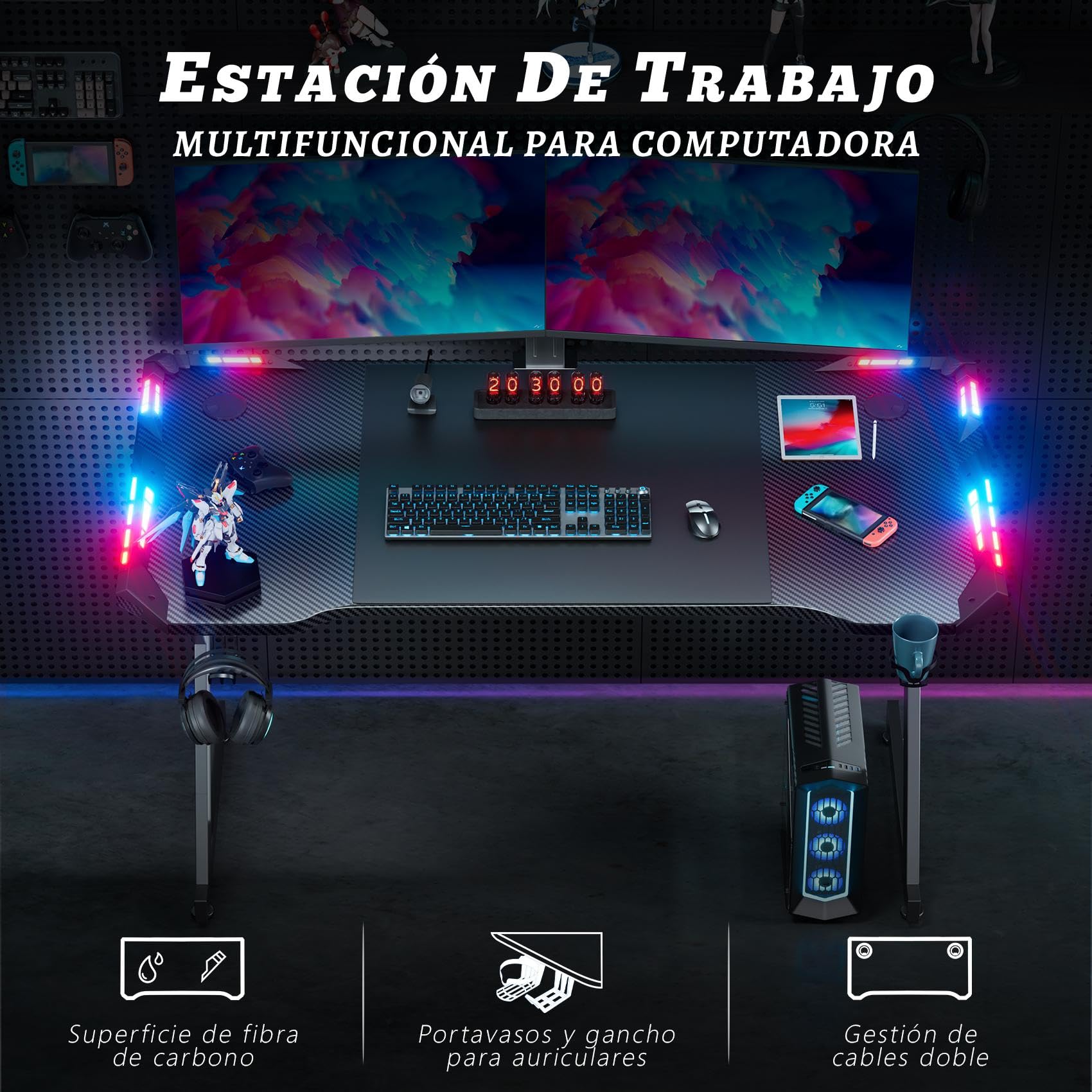Mesa Gaming Desk, Escritorio Gamer Ergonómico Con Luces LED, Computadora O Consola De Videojuegos, Diseño Moderno, Mesa De PC Con Portavasos Y Gancho Para Auriculares, Patas De Metal, Roja