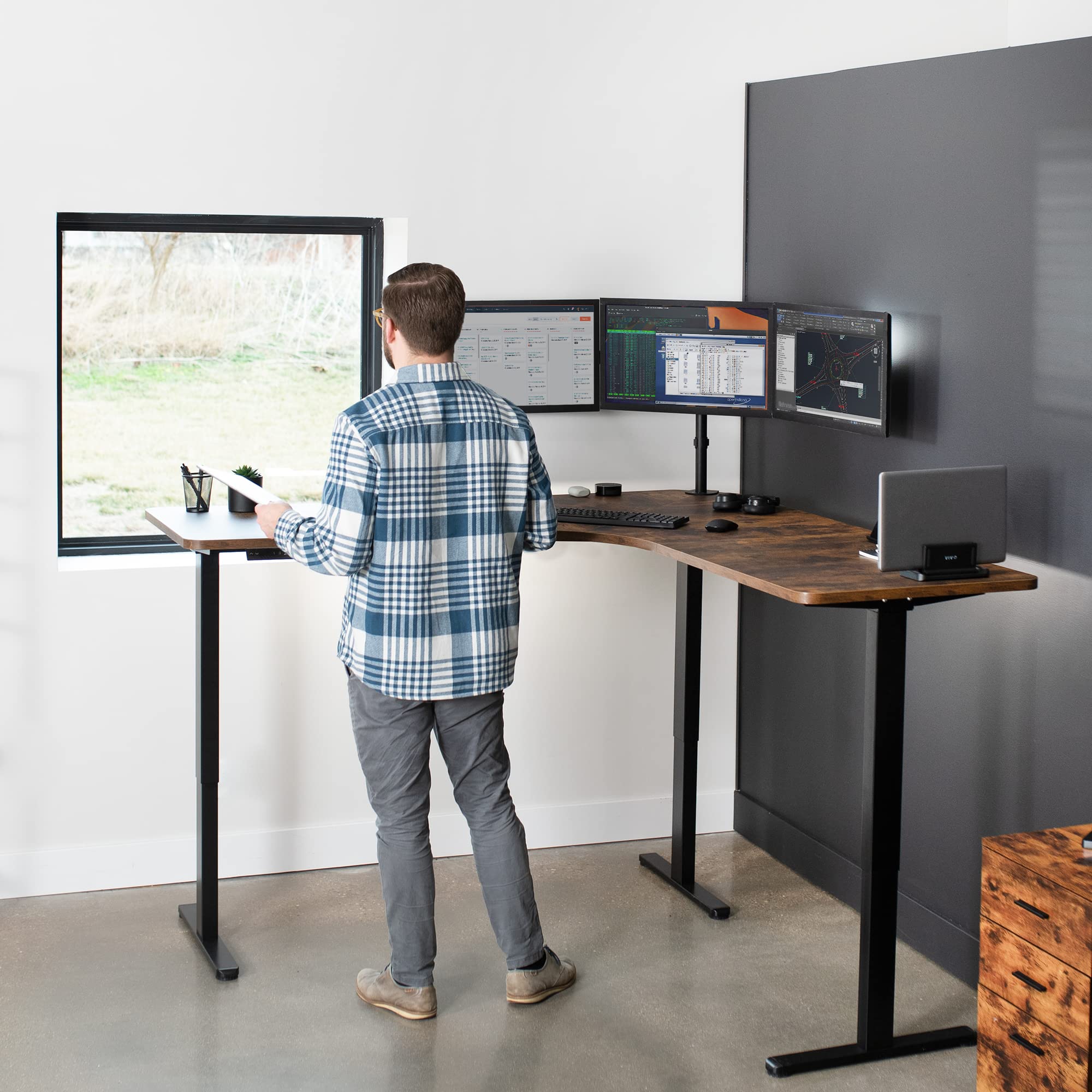 VIVO Electric Height Adjustable 71 x 71 inch Curved Corner Stand Up Desk Rustic Vintage Brown Table Top — view 2