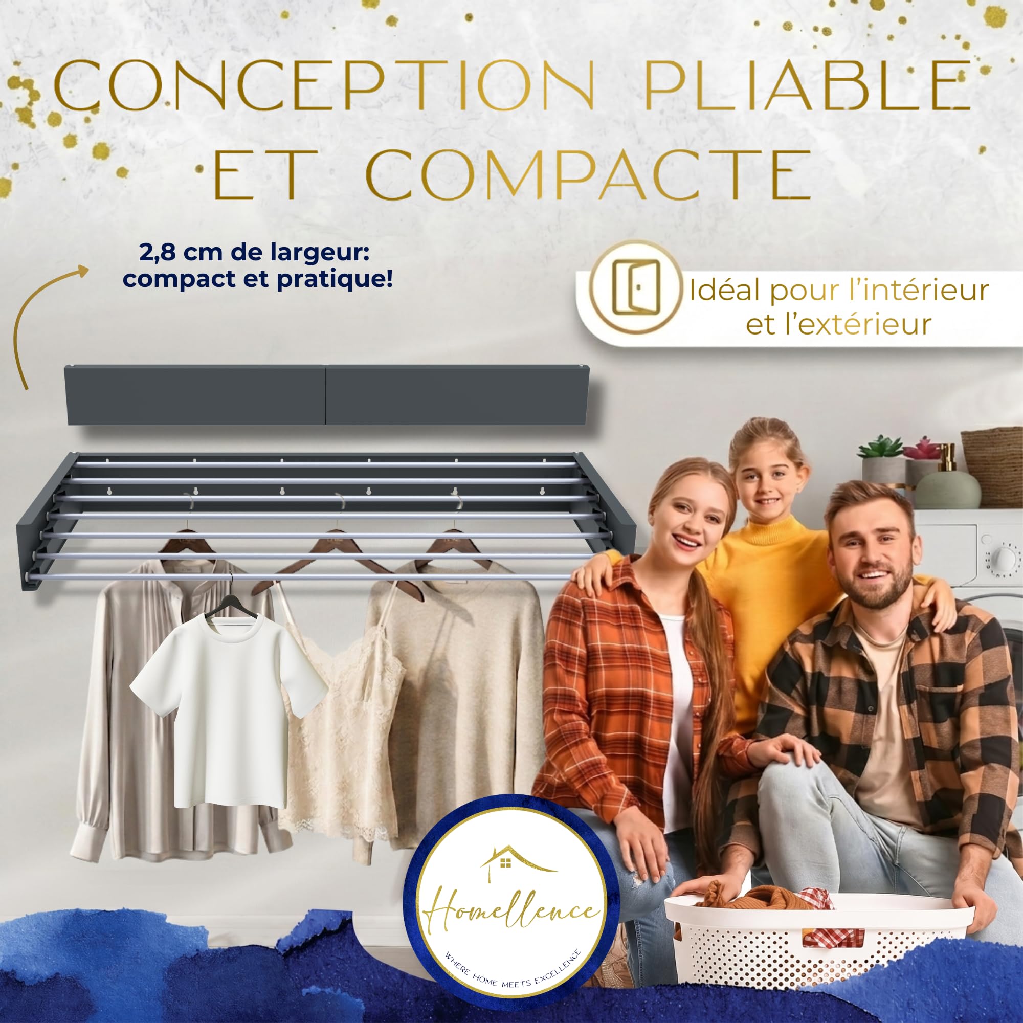 Homellence Étendoir à linge mural élégant - Étendoir mural pliant et rétractable - Étendoir mural escamotable gain de place - Étendoir mural rétractable (120 cm, Anthracite)