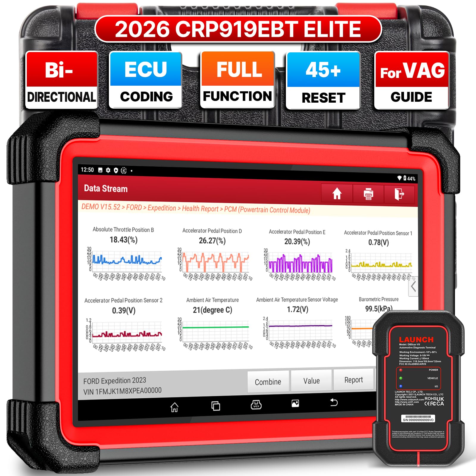 LAUNCH X431 CRP919EBT OBD2 Diagnosis Coche de Sistema Completo con Control Bidireccional, Míquina Nivel-OE, CANFD&DOIP, FCA, 45+ Servicio de Reinicio, Codificación ECU, 2 Años Actualización, Bluetooth