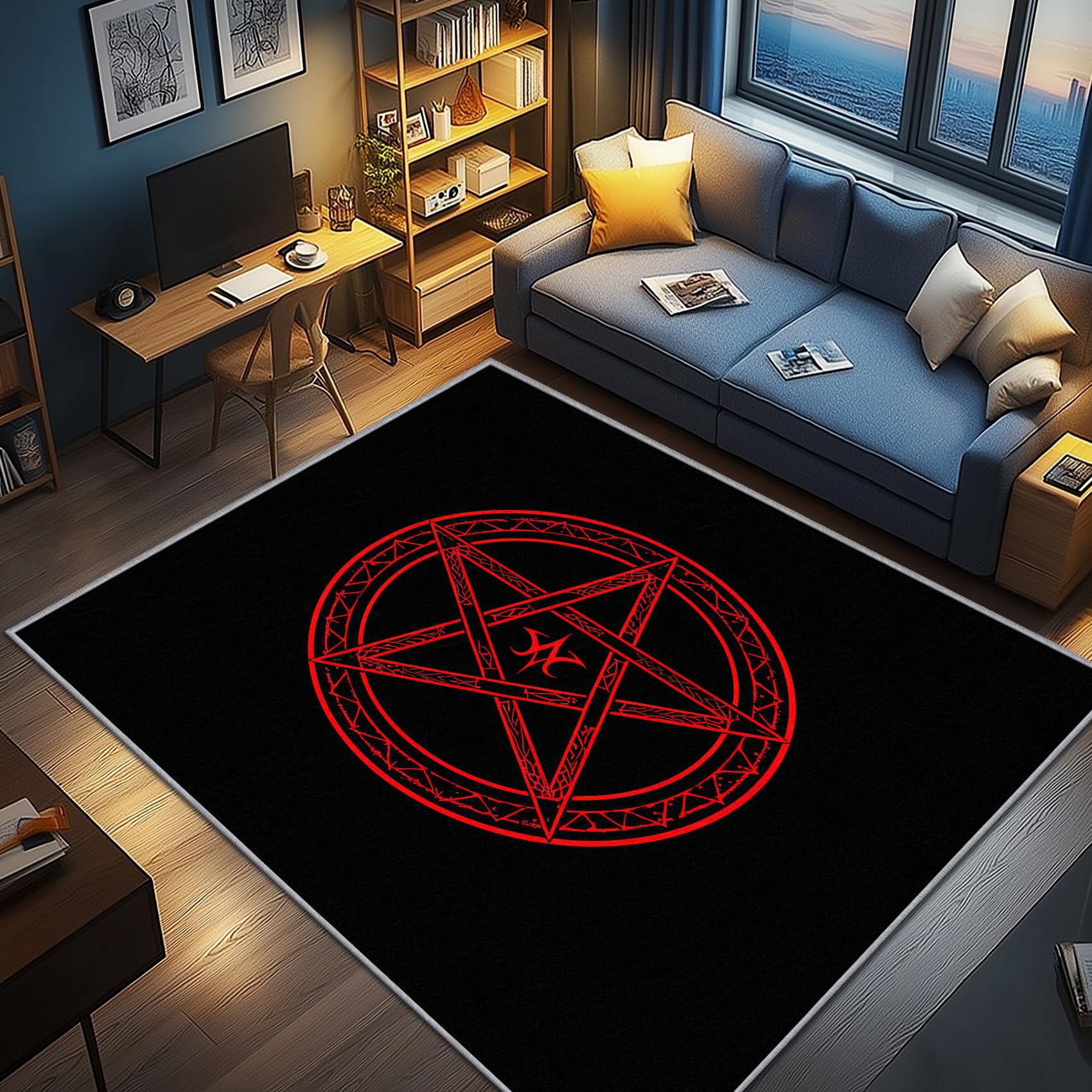 AevuCub Pentagram Rug - Machine Washable Door Mat Indoor 50 x 80, Pentacle Witchy Small Rugs for Bedroom, Red and Black Patterned Carpet, Non Slip & Soft Low Pile & Stain Resistant