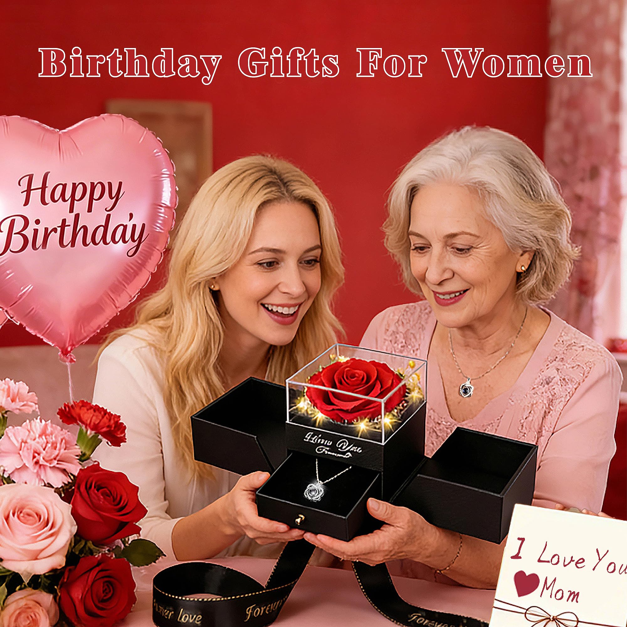 Rosa preservada real roja y collar con frase “te amo”, flores eternas, regalo de cumpleaños para mujer, mamá, esposa, novia, abuela, en San Valentín, Día de la madre, Navidad o aniversario 2