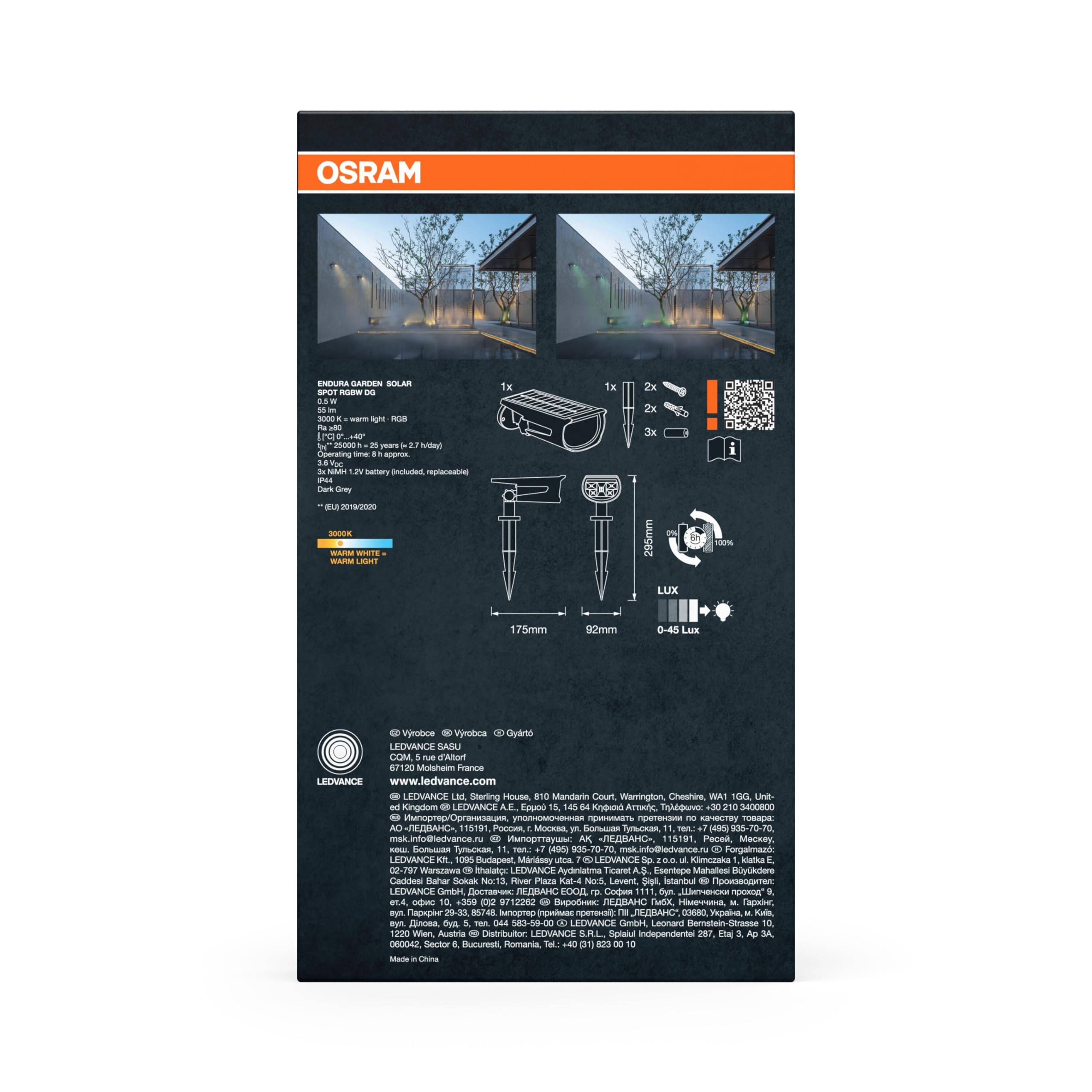 OSRAM Solar Spot RGB e bianco caldo con picchetto da terra e montaggio a parete, sensore di luce diurna, protezione IP44, faretto ad energia solare per giardino e patio
