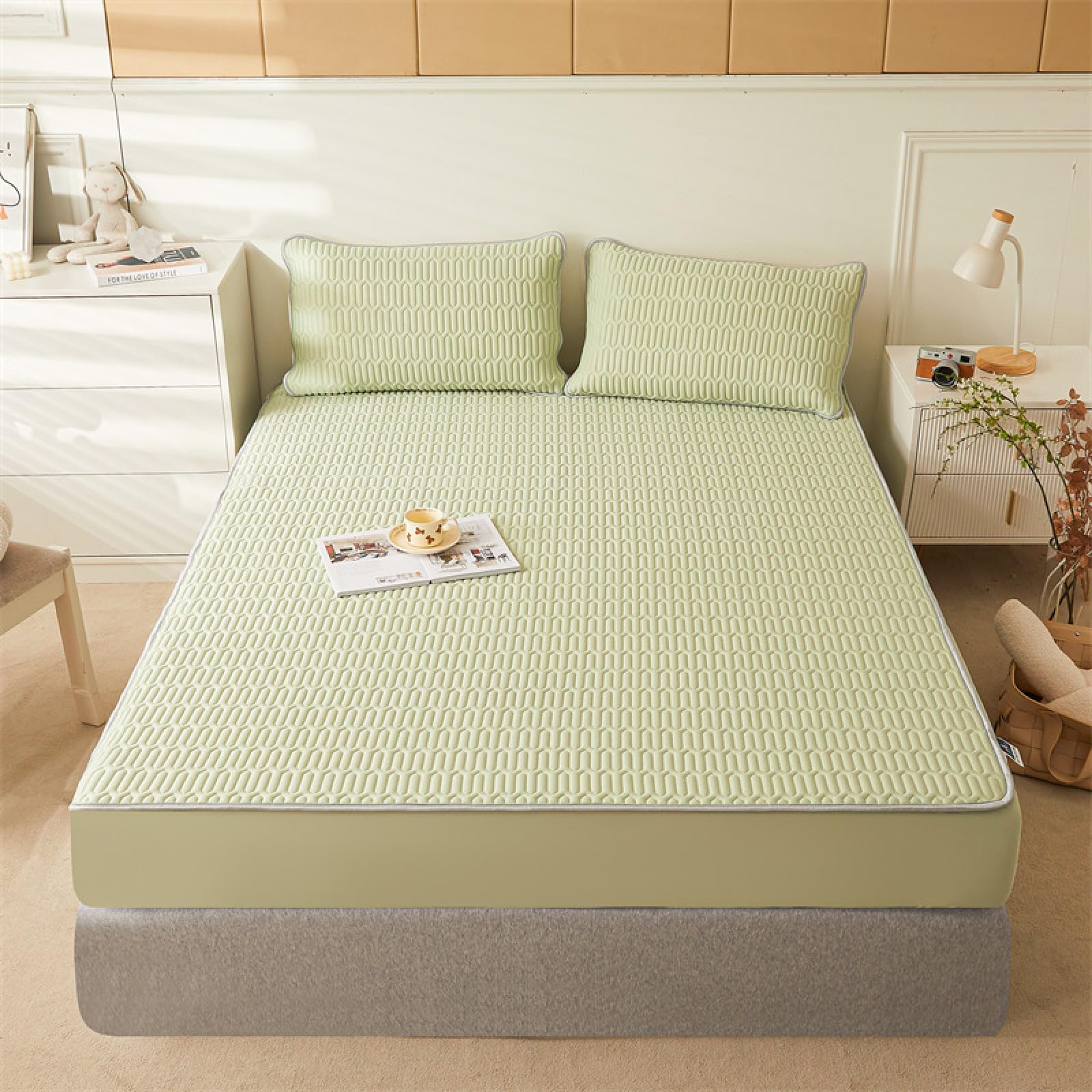 Colchón de fácil cuidado, sábanas bajeras de látex grueso de color sólido, adecuado para colchones de hasta 25 cm de profundidad, funda de almohada fresca, verde, 120 x 200 cm (3 piezas)