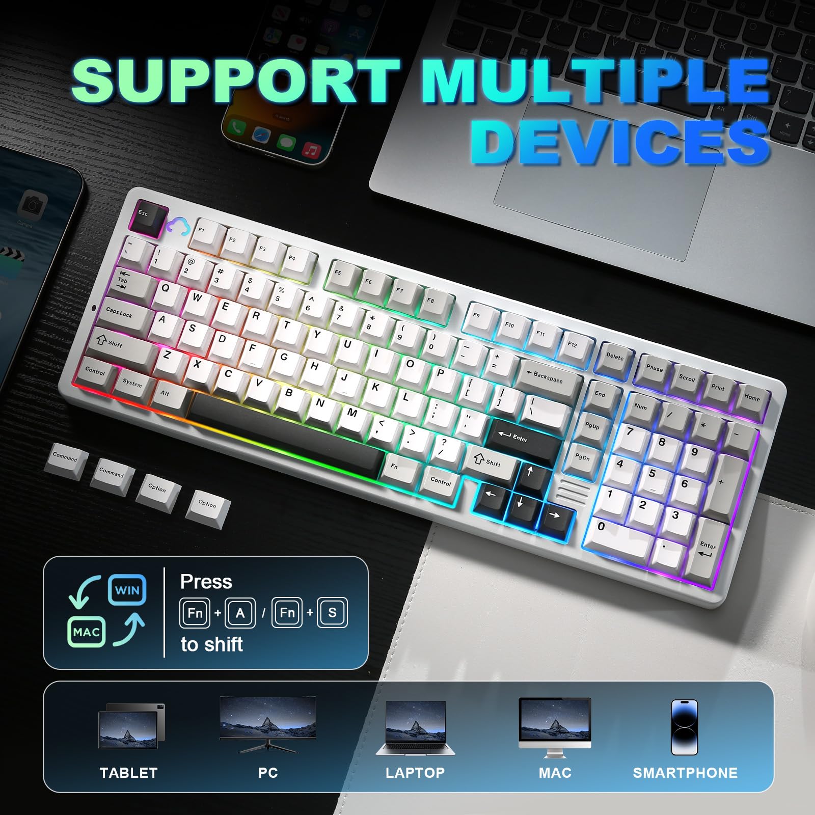 YUNZII AL98 Tastiera Meccanica Gaming Senza Fili, Tastiera Gamer in Alluminio, BT/2.4Ghz/USB-C, RGB, QMK/VIA Programmabile, Hot-Swap Tasti PBT per Win/Mac (Bianco, Milk V2 Linear Switch)