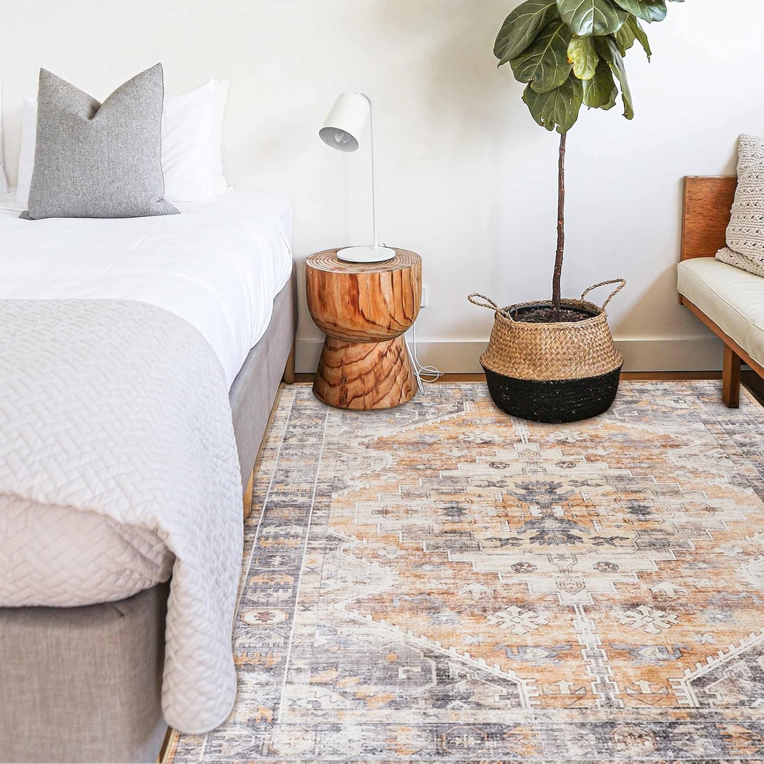 4 x 6 Rugs for Living Room, Vintage Area Rug Bedroom Mat with Non Slip TPE Rubber Backing, Non-Shedding Print Rug Machine Washable Floor Carpet for Dining Room Home Office Gray/Geometric 4×6 Feet