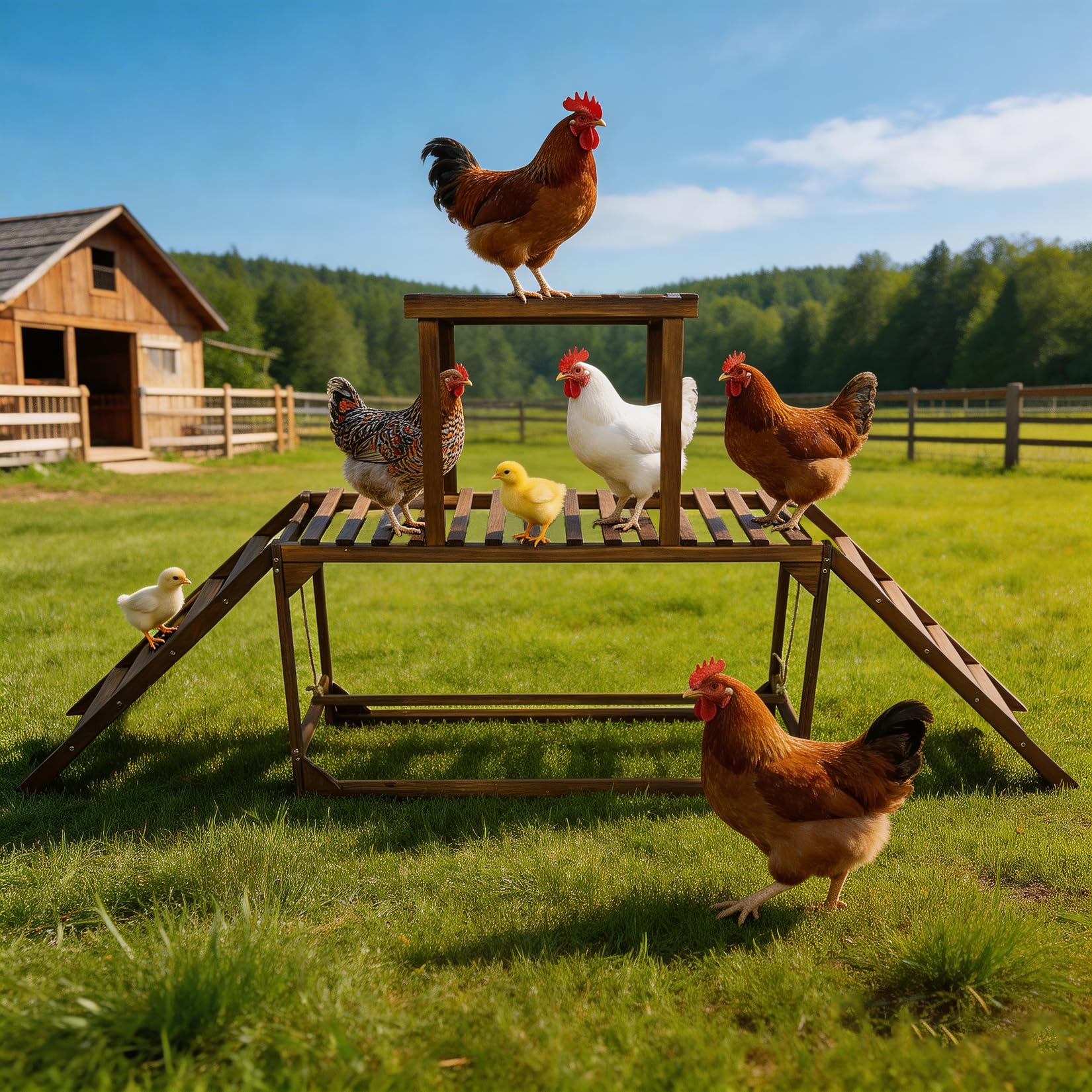 BingoPaw Percha de Madera para Gallinas con Escalera y Columpio, Perchero de Carbonizado para 8-10 Gallinas, Área de Pie Amplia, Resistente a la Corrosión, 200x30x89cm