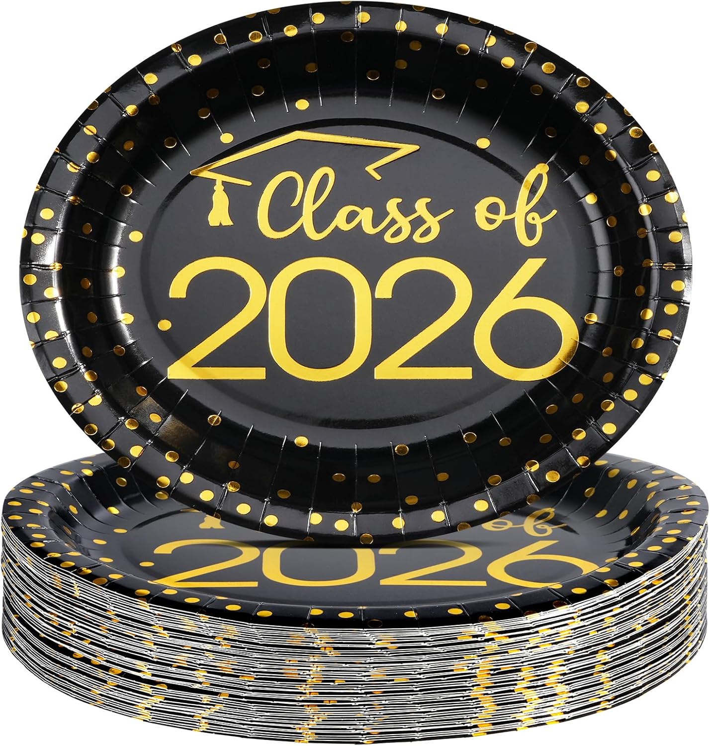 MASHAN 50 Pcs Class of 2026 Graduation Oval Paper Plates,11" x 9.5" Disposable Party Plates for 2026 College High School Graduate Party Supplies Decorations (Black Gold)