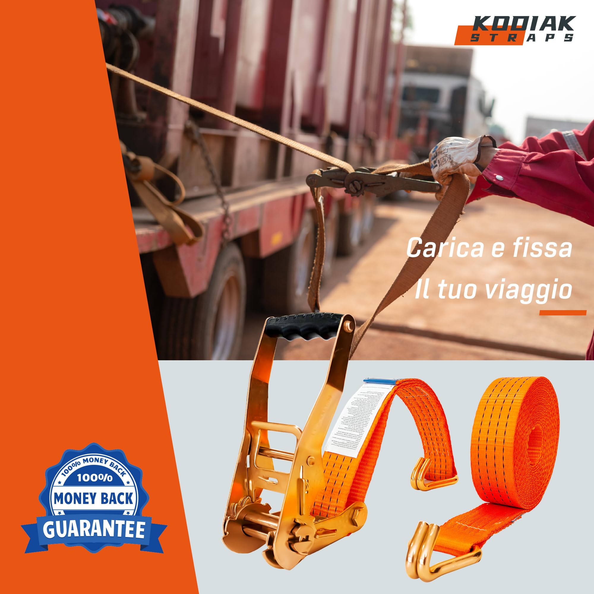 4 Cinghie di Tensione 8m x 4000kg con Cricchetto e Ganci - Cinghie a Cricchetto da 50mm - Cinghia Arancione per la Sicurezza del Carico - Certificato TÜV/GS e secondo DIN EN 12195-2 - KODIAK STRAPS