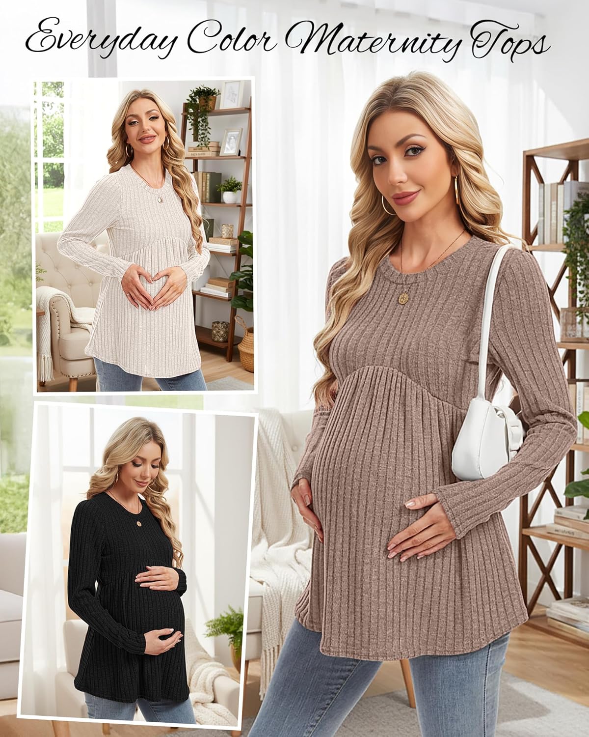 3 Pack Women's Maternity Shirts Ribbed Long Sleeve Pregnancy Tops Crew Neck Maternity Sweaters Pregnant Clothes - Image 5