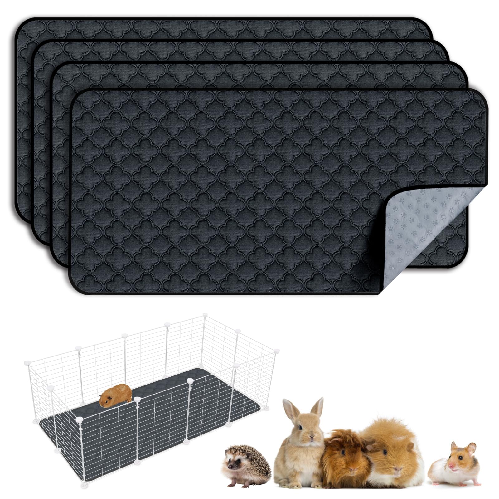 FunFurry Waschbare Meerschweinchen-Käfig-Einlagen, wiederverwendbar, waschbar, wasserdicht, Meerschweinchen-Bettwäsche für Kleintiere, Kaninchen, Hamster, Welpen, Dunkelgrau, 61 x 119,4 cm, 4 Stück
