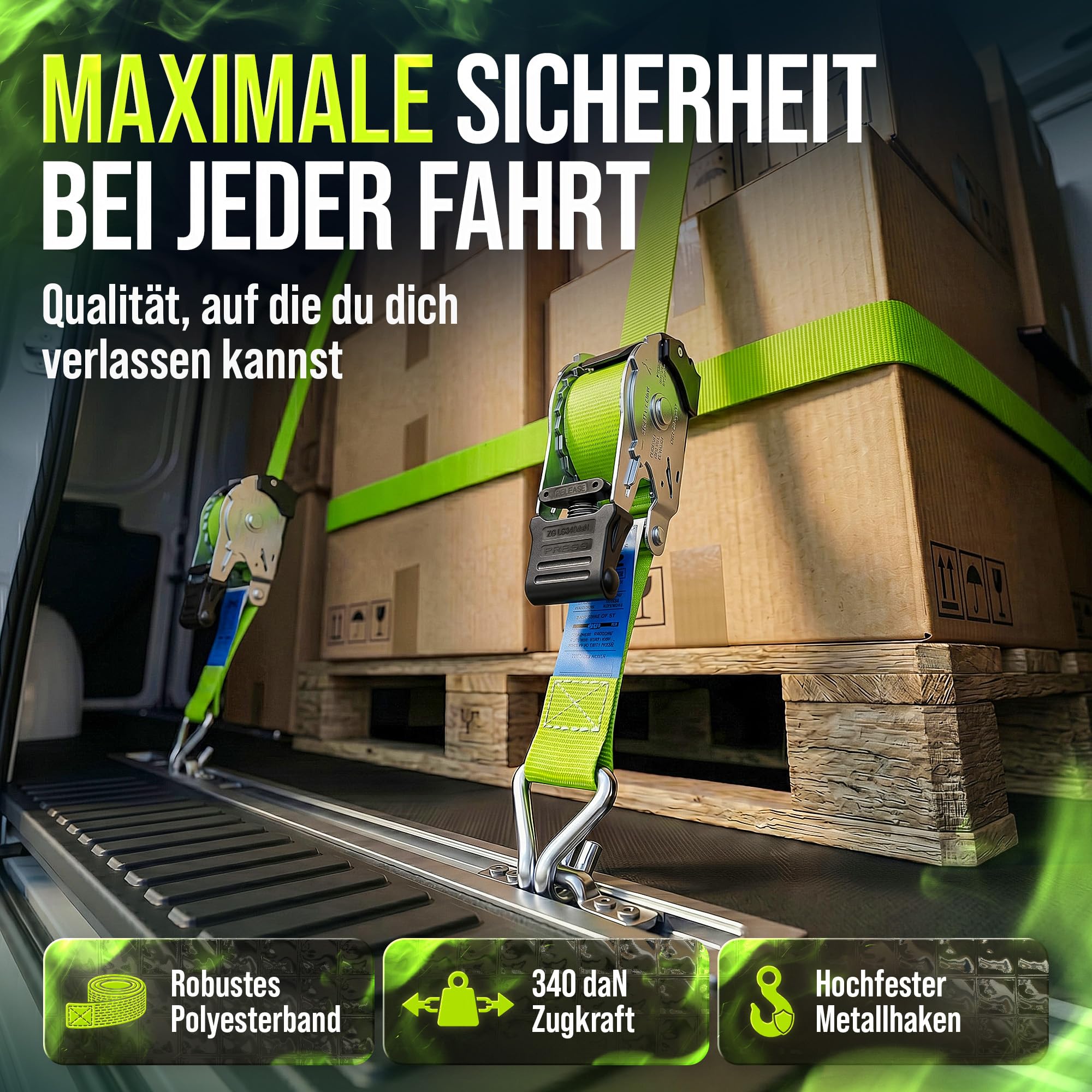 SHZ Automatik Spanngurt mit Ratsche 3,5m x 25mm 340 daN (4 Stück) | Spanngurte Automatik mit robusten Stahl Haken | Komfortable Ladungssicherung für Kofferraum oder Anhänger | EN 12195-2 geprüft