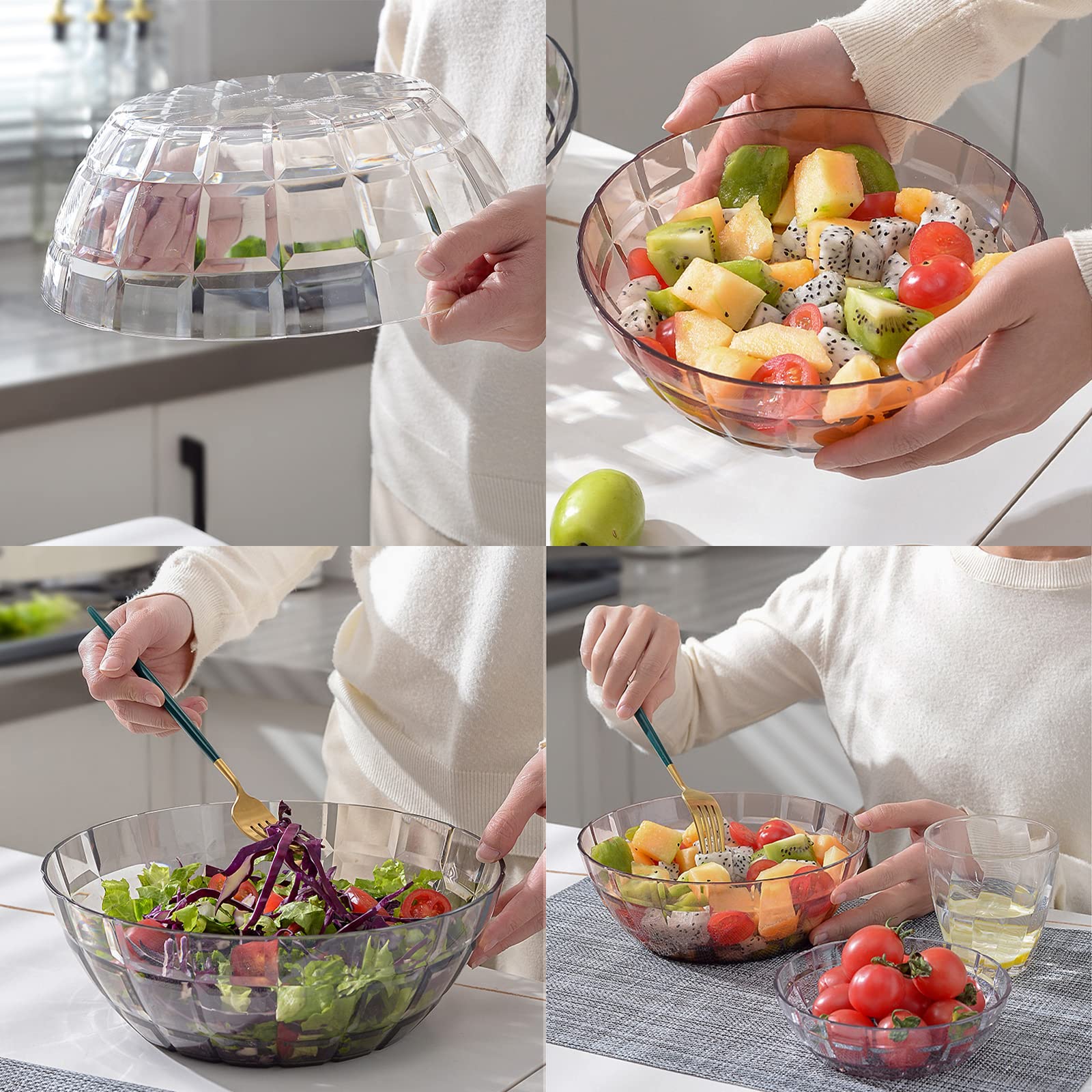 Okllen Zestaw 3 szt. przezroczystych plastikowych salaterek, 396,9 g/1,47 g/3,260 g, do mieszania i serwowania popcornu, chipsów i sosów, tekstura siatki, odporna na pękanie