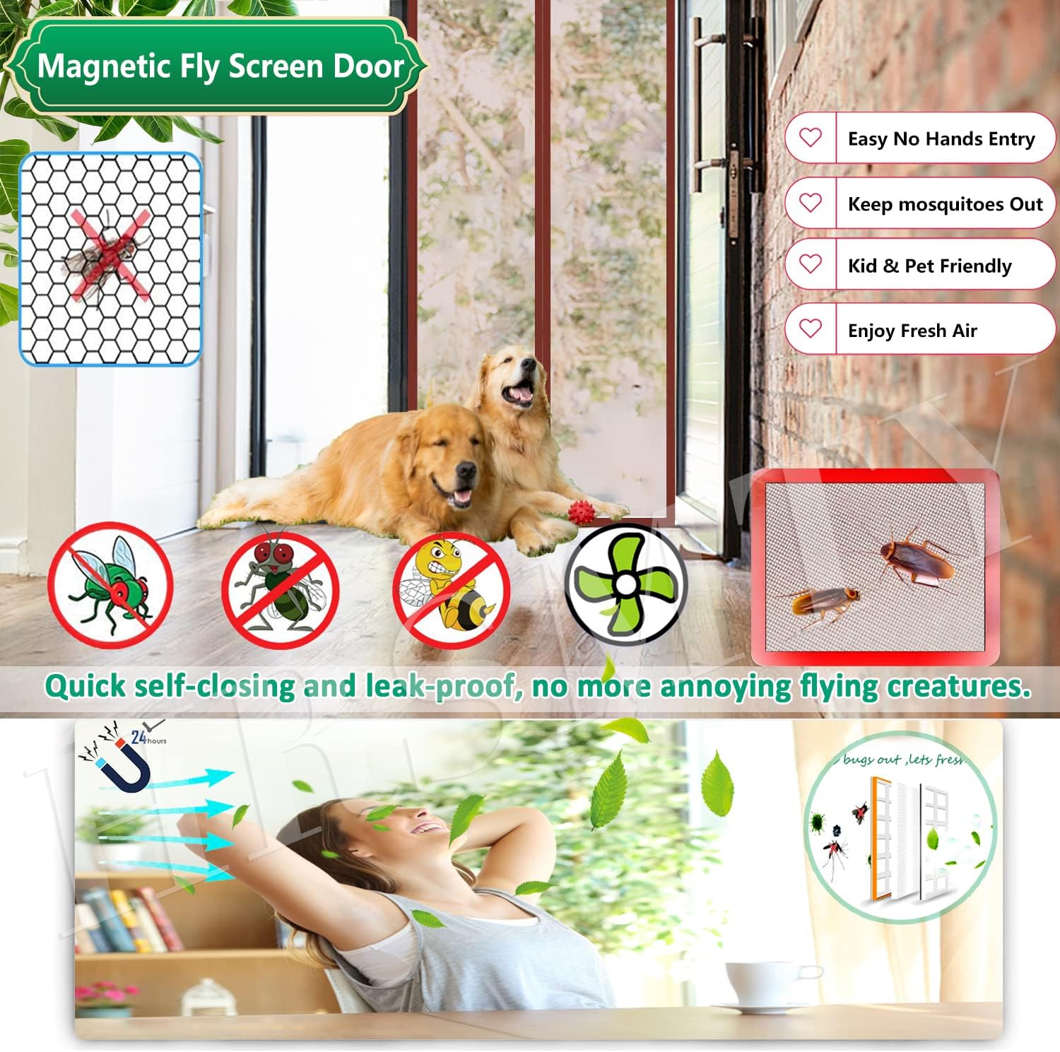 マグネット式網戸, 防虫網戸カーテン 自動的に密閉玄関網戸, 換気 取付簡単 に 出入り楽々 穴をあける必要がなく 適用最もするドア
