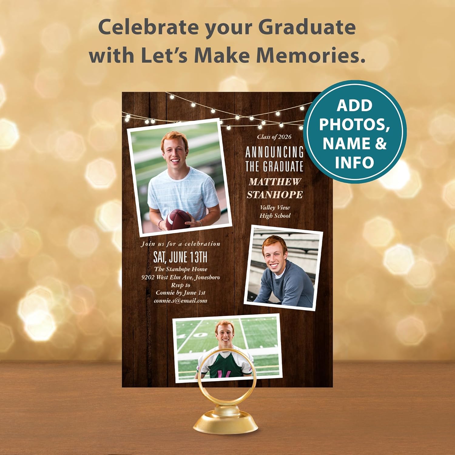 Let's Make Memories Personalized Graduation Announcements Class of 2026 or Any Year - Premium Quality Invitations - 5x7 - Custom Photo Cards & White Envelopes - Rustic Lights - 15 Cards