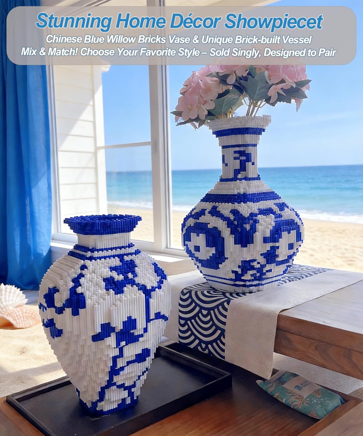 Micro Vase Building Blocks set, Blue & White Ceramic Style 6400PCS (2 sets), Compatible with Lego, 7*7*11″ Creative Flower Building Kit for Home Decor, STEM Birthday Gift for Adults and kids Age 14+