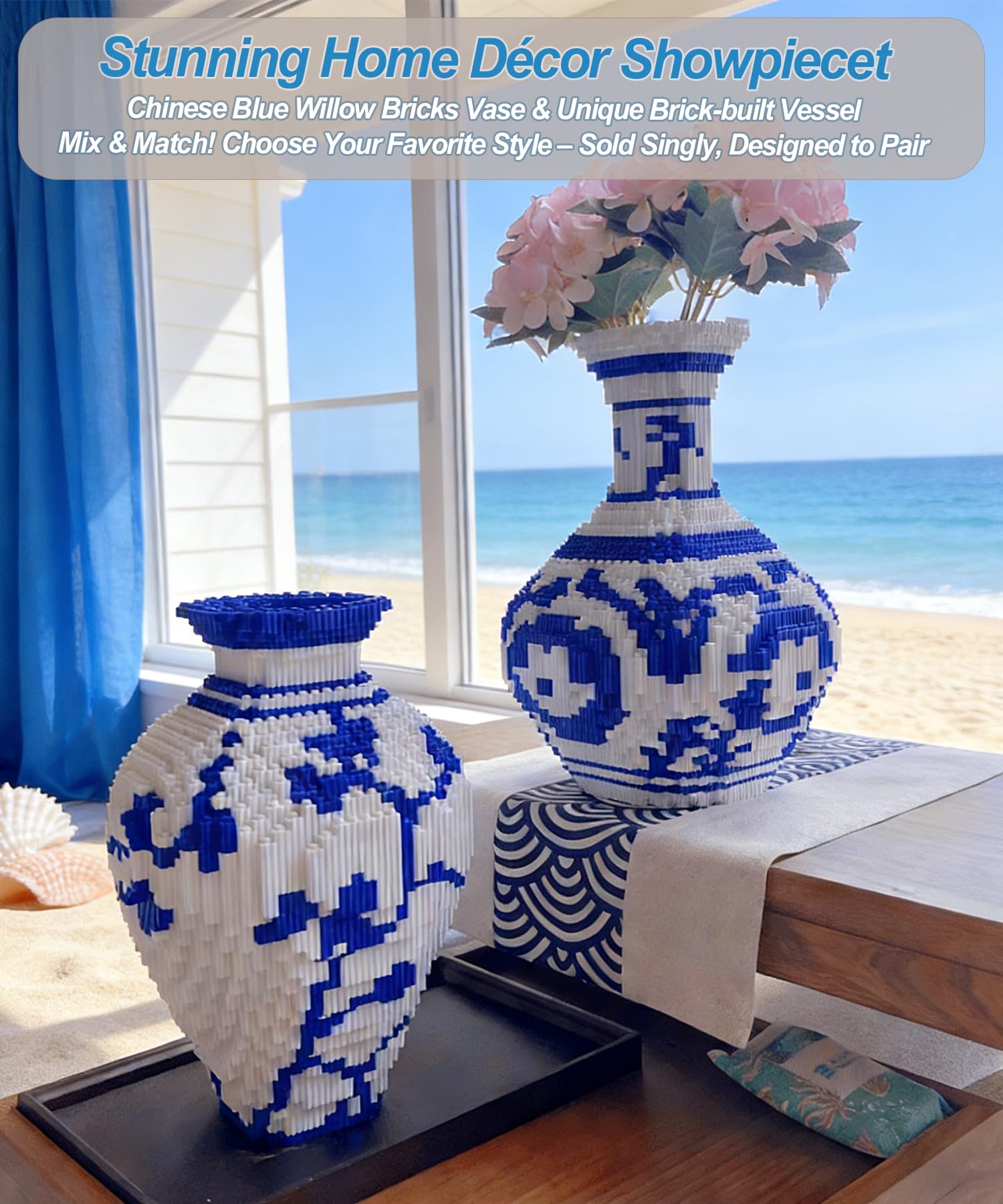 Vase Building Blocks Set, Blue & White Ceramic Style 6400PCS (2 Sets), Compatible for Lego, 7 * 7 * 11″ Creative Flower Building Kit for Home Decor, STEM Birthday Gift for Adults — view 4