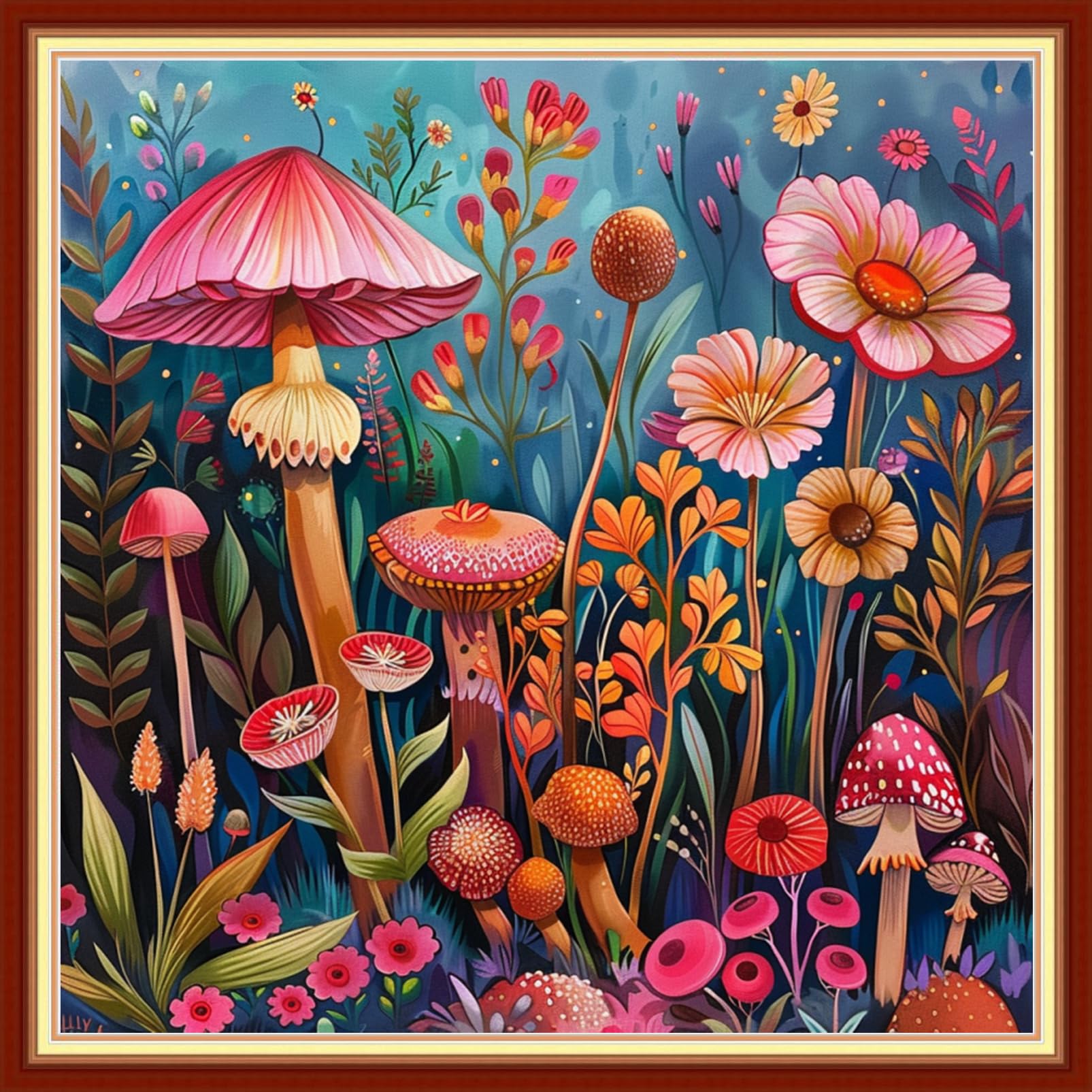 Joyhoor Stamped Cross Stitch Kits for Beginners Needlepoint Kits for Adults Embroidery Kits 11CT Counted Cross Stitch Kits Printed Embroidery Pattern-Mushroom Flowers 18x18 inchs