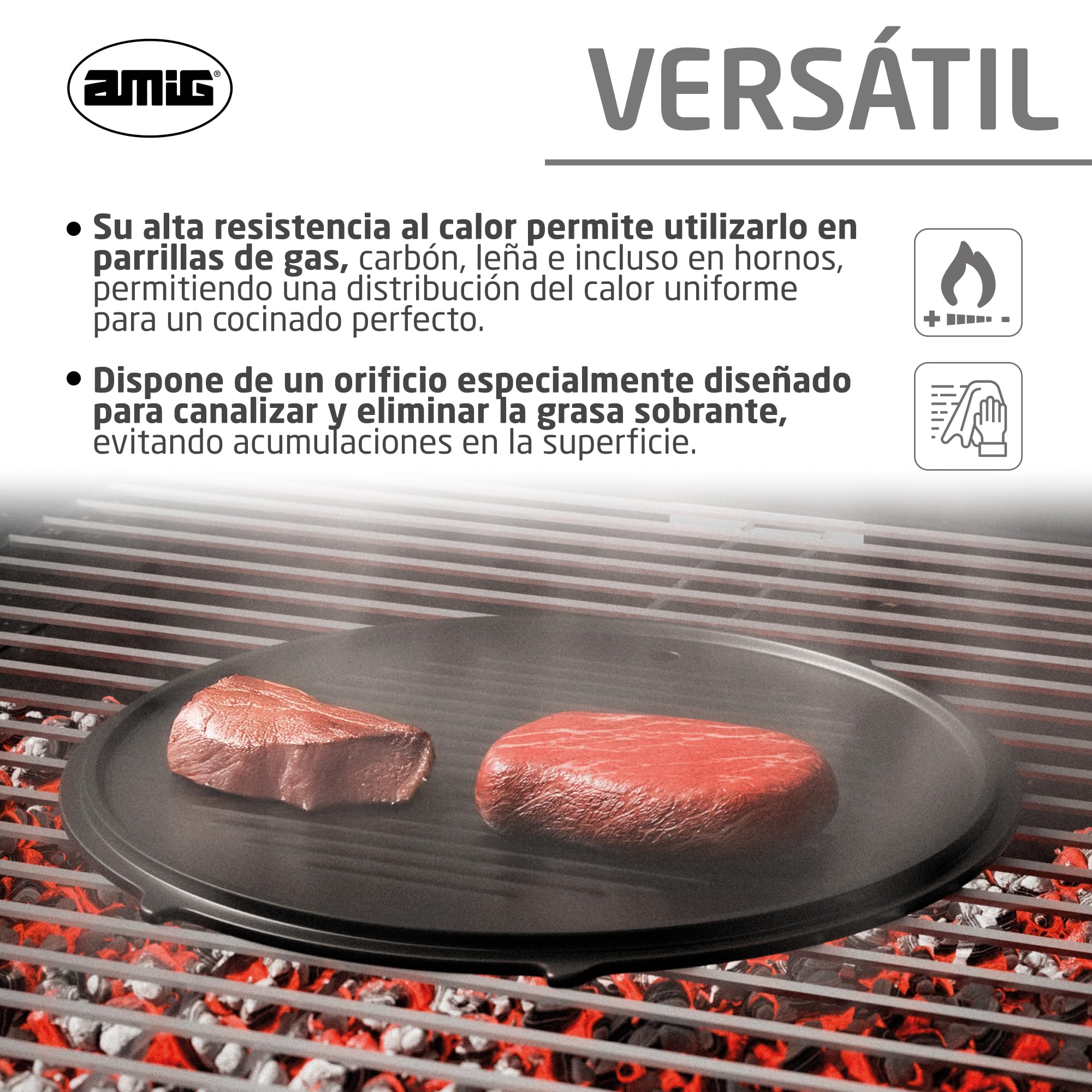 Amig - Plato de Hierro Fundido - Ø31 cm - Reparto Uniforme del Calor y Alta Resistencia - Para Barbacoas de Carbón o Gas - Mod. AM37