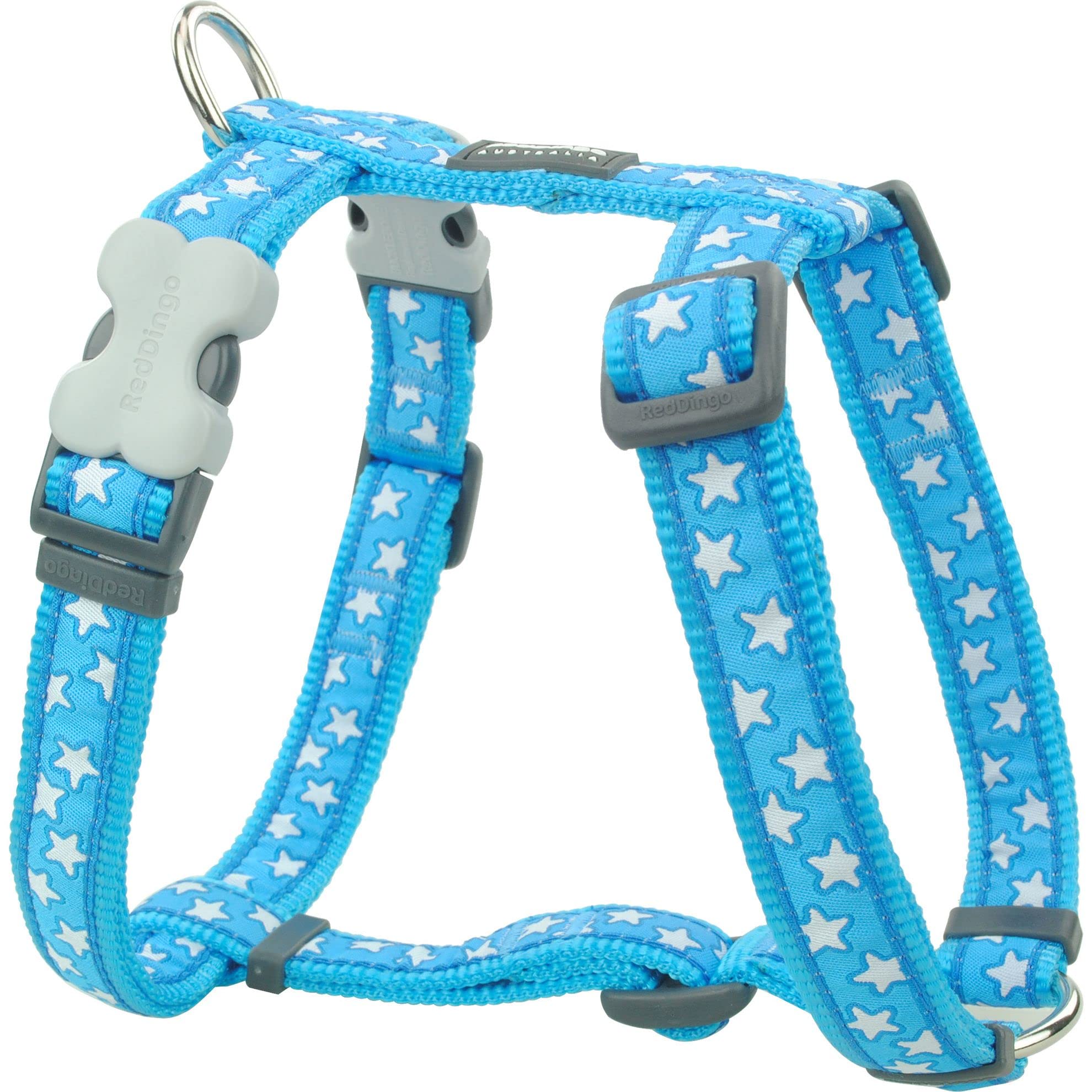 Red Dingo Desinger Dog Harness, White Stars on Turquoise (15mm x Neck: 30-48cm / Body 36-54cm) S