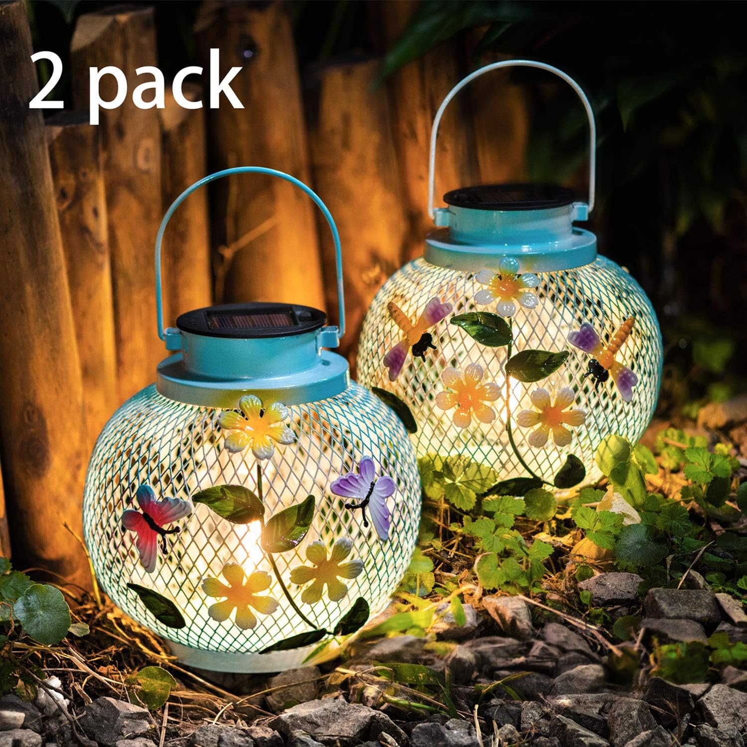 [Set of 2]Polami Solar Lantern Hanging Garden Outdoor,Decorative Metal Edison Bulb Butterfly Dragonfly Blue Lights for Table Patio