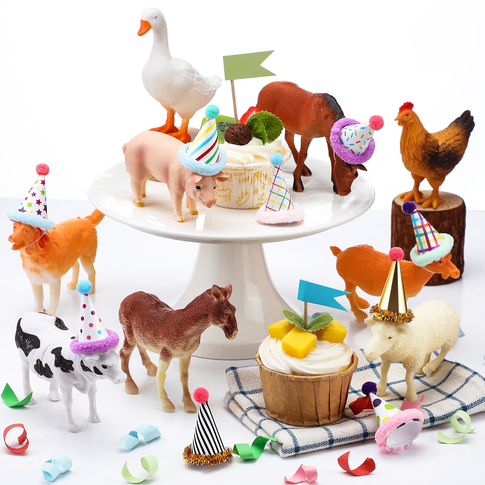 Colingmill 18 Pcs Farm Animal Birthday Party Decorations Mini Birthday Hat Animal Figure Model Cake Toppers with Mini Hat for Birthday Party, Animals