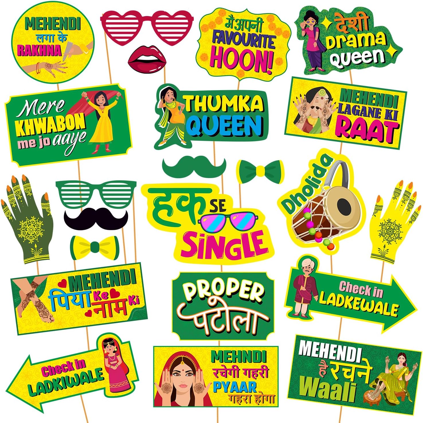 Party Propz Mehndi Decoration Set - 23 Pieces Mehendi Props for Wedding and Haldi Ceremonies