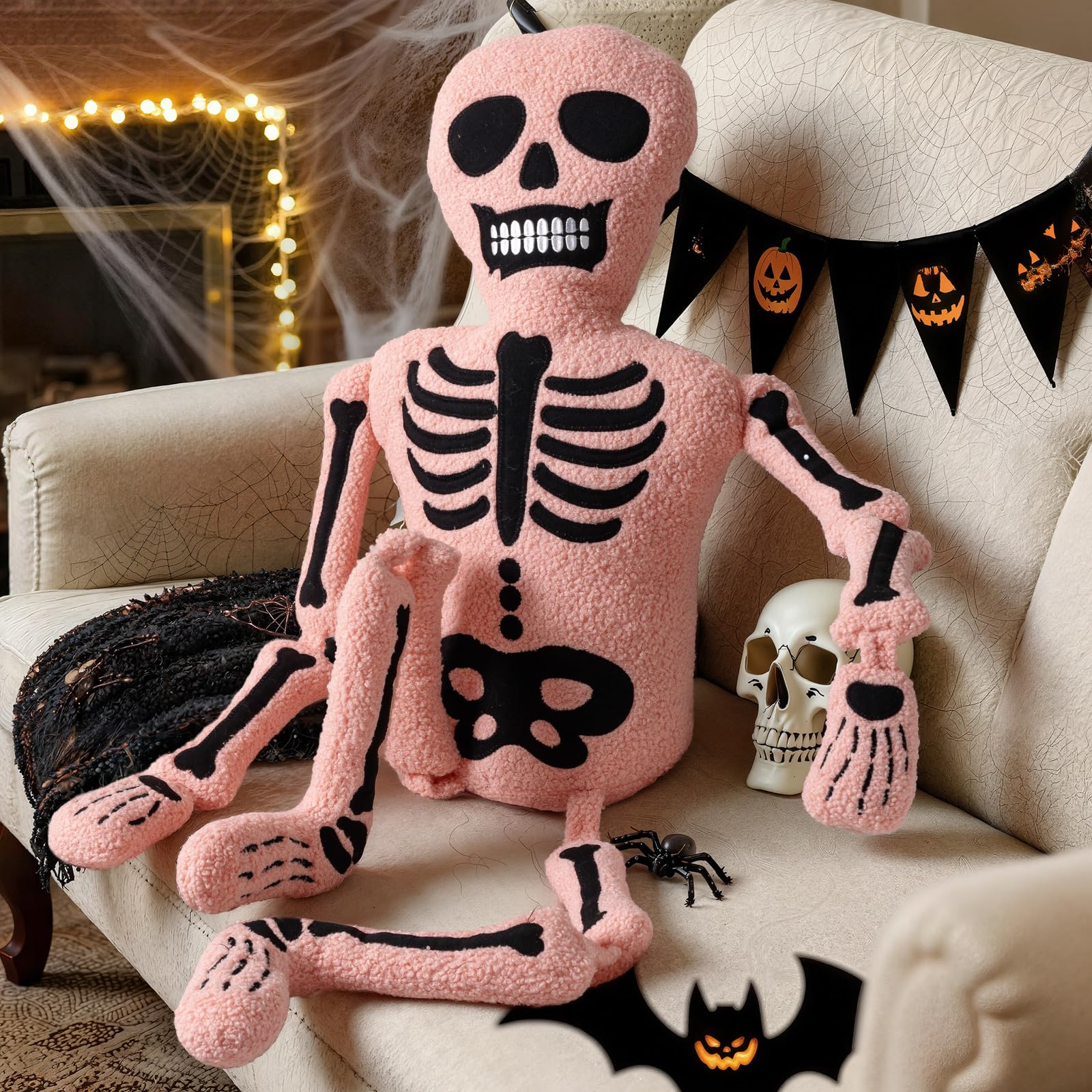 Lanpn Halloween Cushions Pillow, Skeleton Pillows, Soft Spooky Cushion, Large Gothic Gift Sofa Bed Room Party Indoor Outdoor Decoration, Pink