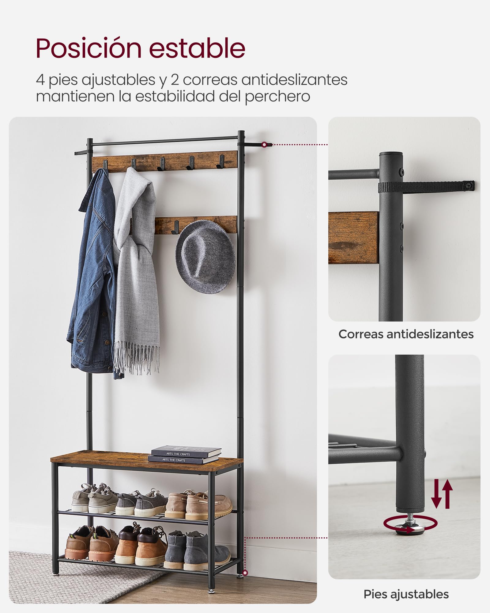 VASAGLE Perchero Zapatero, Perchero con Banco Recibidor, 3 en 1, Estructura de Acero, para Entrada Pasillo, 32 x 70 x 177 cm, Industrial, Marrón Rústico y Negro HSR41BX