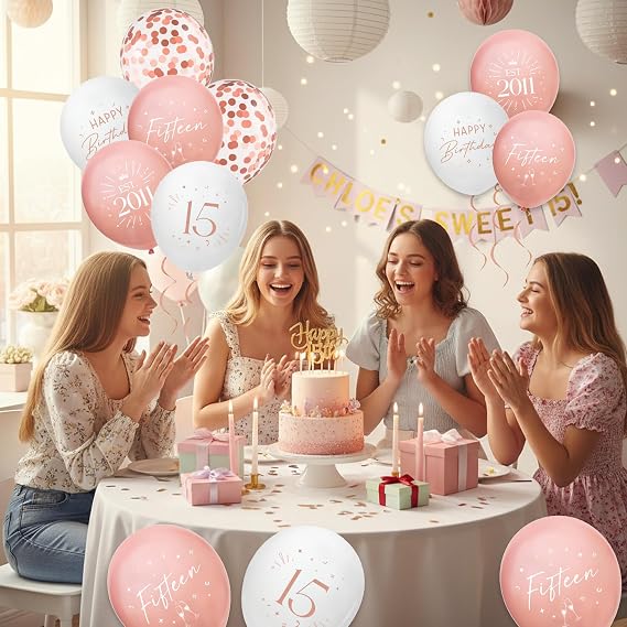 30 Pack 15th Birthday Balloons Decorations - Rose Gold 15 Party Decor for Girls Fifteen Balloon with Ribbon, Retro Vintage Classic EST. 2001 Happy 15th Birthday Decoration