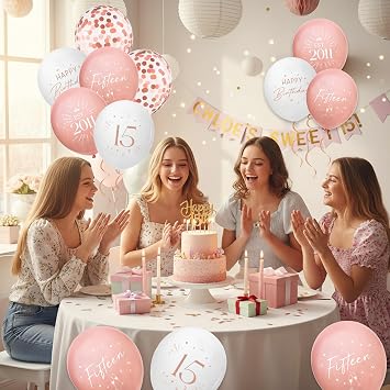 30 Pack 15th Birthday Balloons Decorations - Rose Gold 15 Party Decor for Girls Fifteen Balloon with Ribbon, Retro Vintage Classic EST. 2001 Happy 15th Birthday Decoration