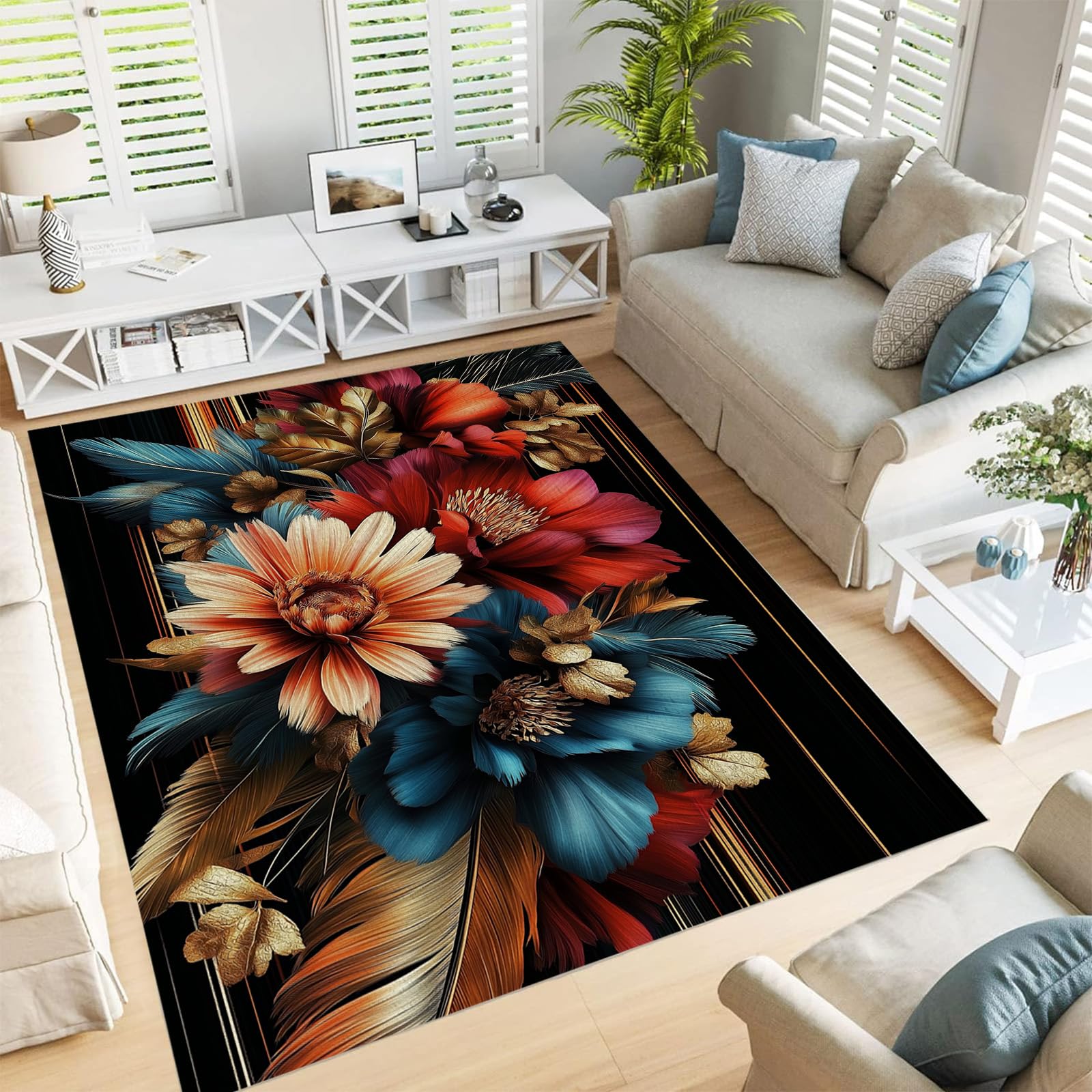 Tapis salon lavable grand format avec motif feuilles dégradées vintage