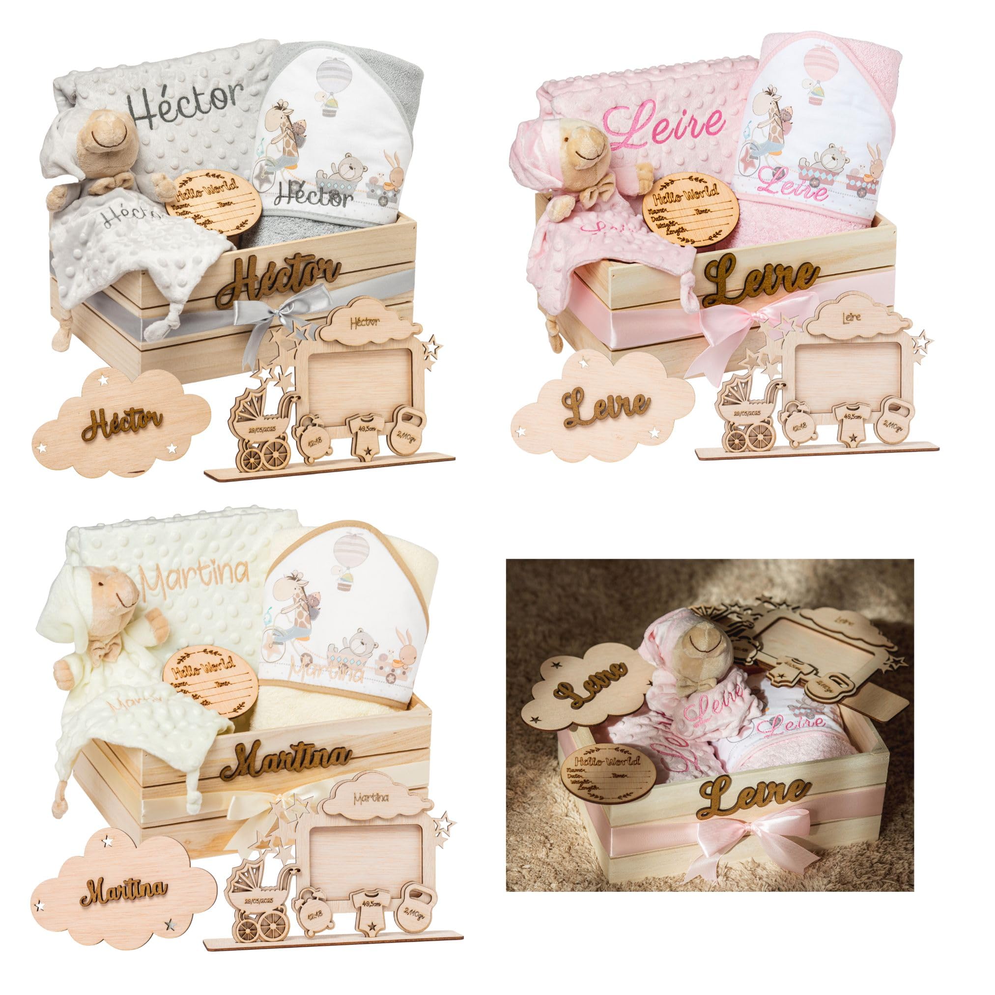 Regalo para Bebé Recién Nacido Niño o Niña | Cesta con Manta, DouDou, Capa de Baño, Nube Decorativa y Marco|Canastilla Embarazo,Bautizo,Hospital y Baby Shower | Nombre en Madera | Olesea (Gris)