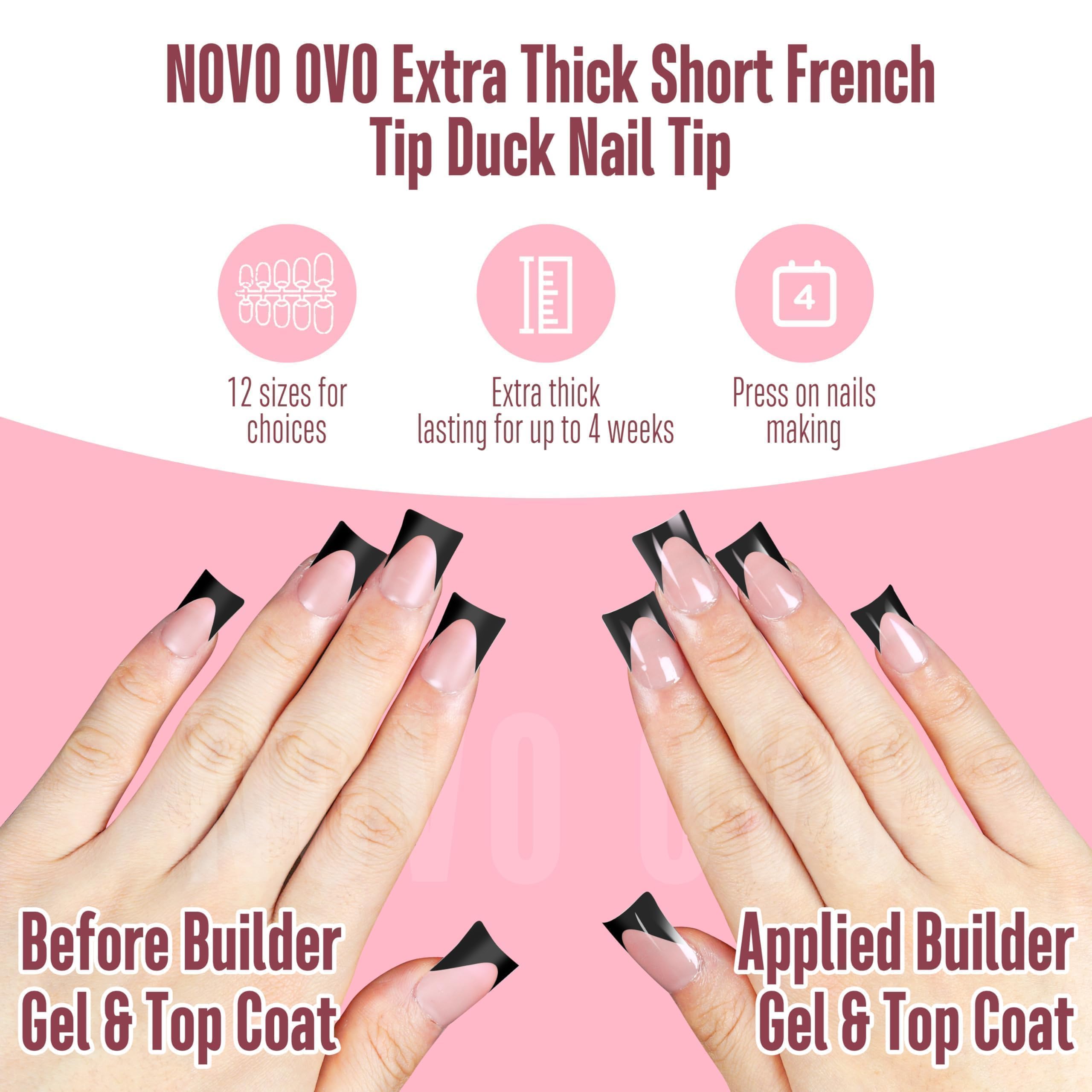 NOVO OVO Halloween Black French Tip Short Duck Nail Tips Press on, BABY PINK Pre-designed Soft Gel Nail Extension - Image 2