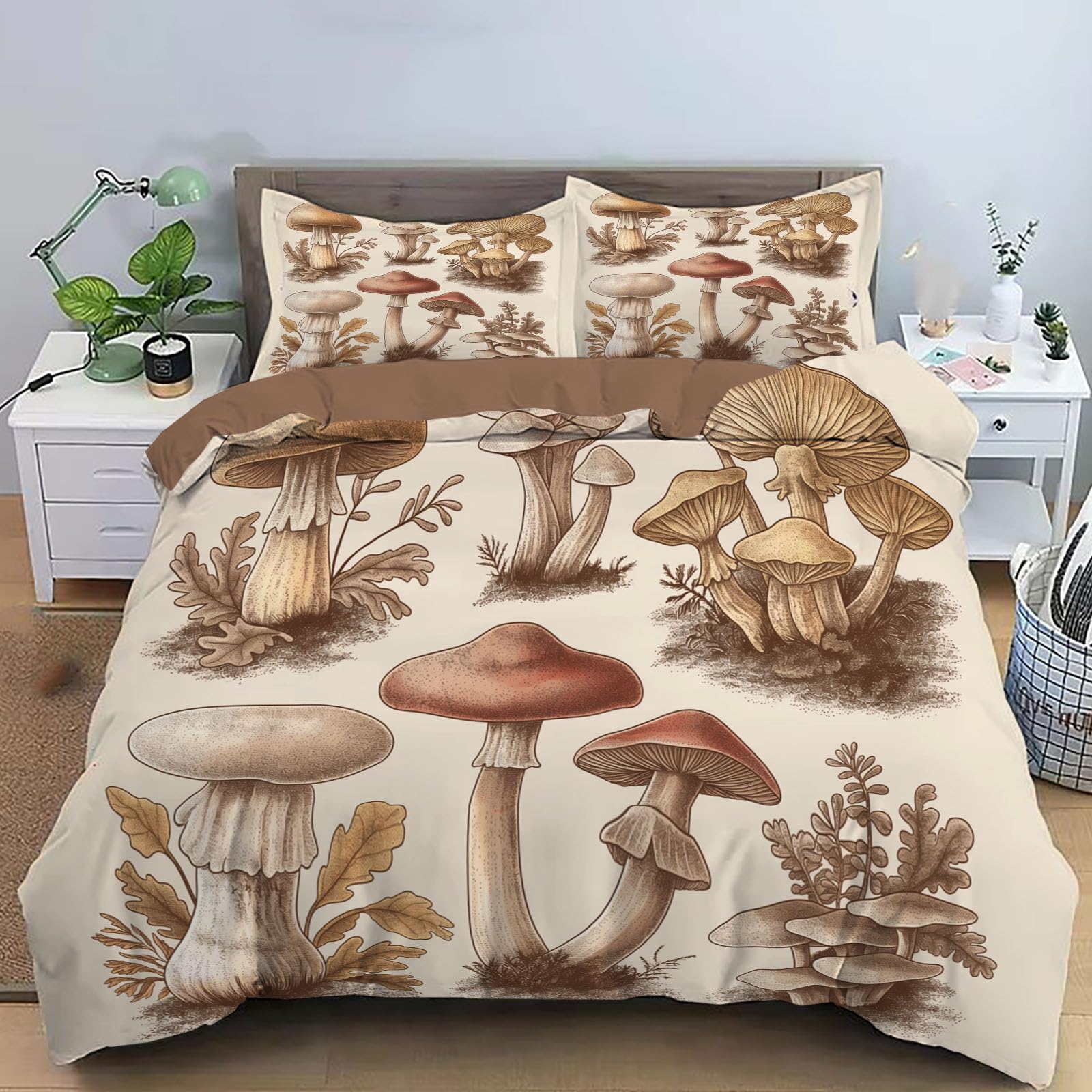 Juego de Funda Nórdica 150x220cm 3 Piezas para Cama, Dibujado A Mano Hongo Microfibra de Poliéster Suave Transpirable Campo, Incluido 1 Funda Edredón y 2 Fundas de Almohada, marrón Beige