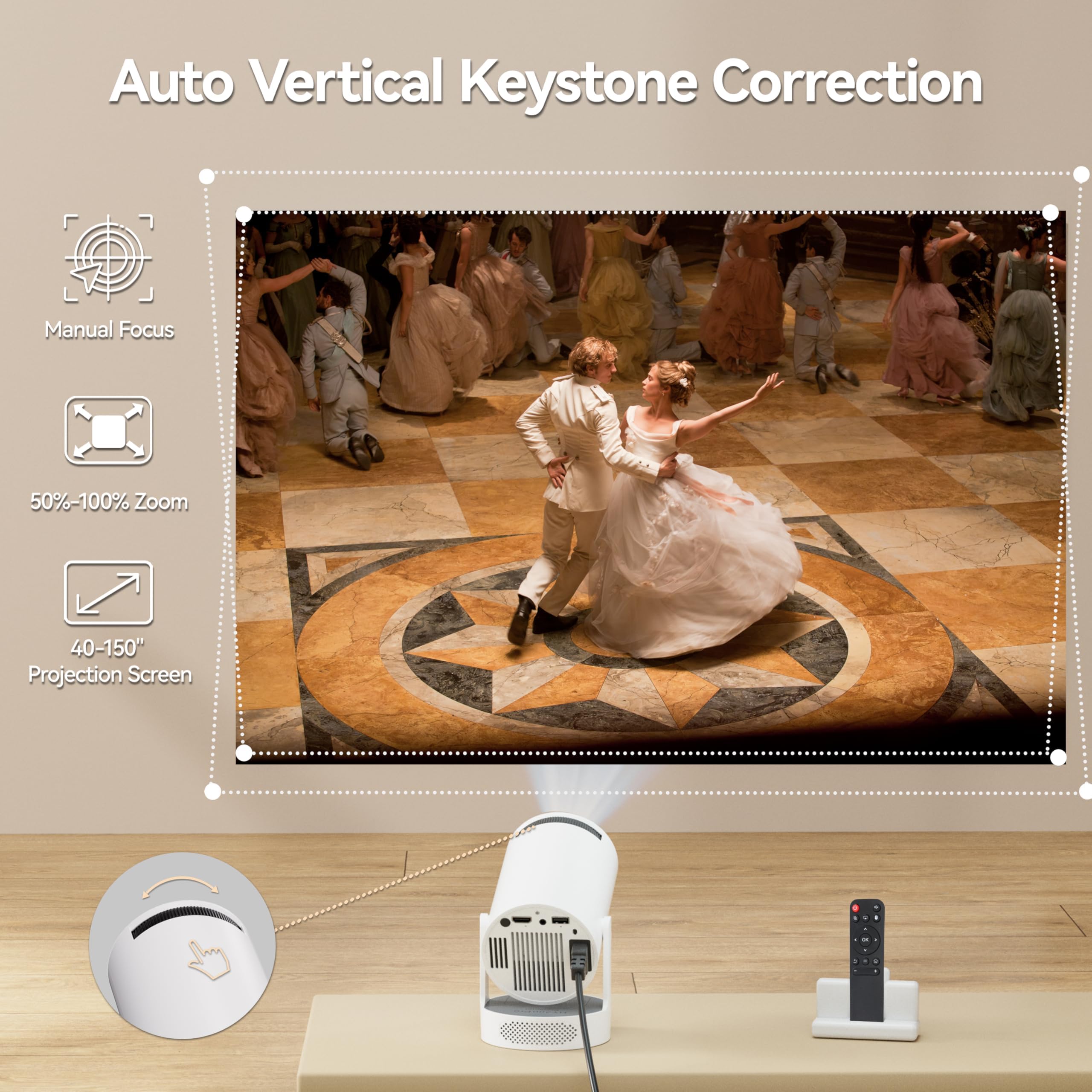 Mini proiettore portatile con supporto 1080P 4K, 20000 lumen, Wi-Fi 6 e Bluetooth 5.0, proiettore Home Cinema girevole a 180° con Keystone verticale automatico e altoparlanti HiFi