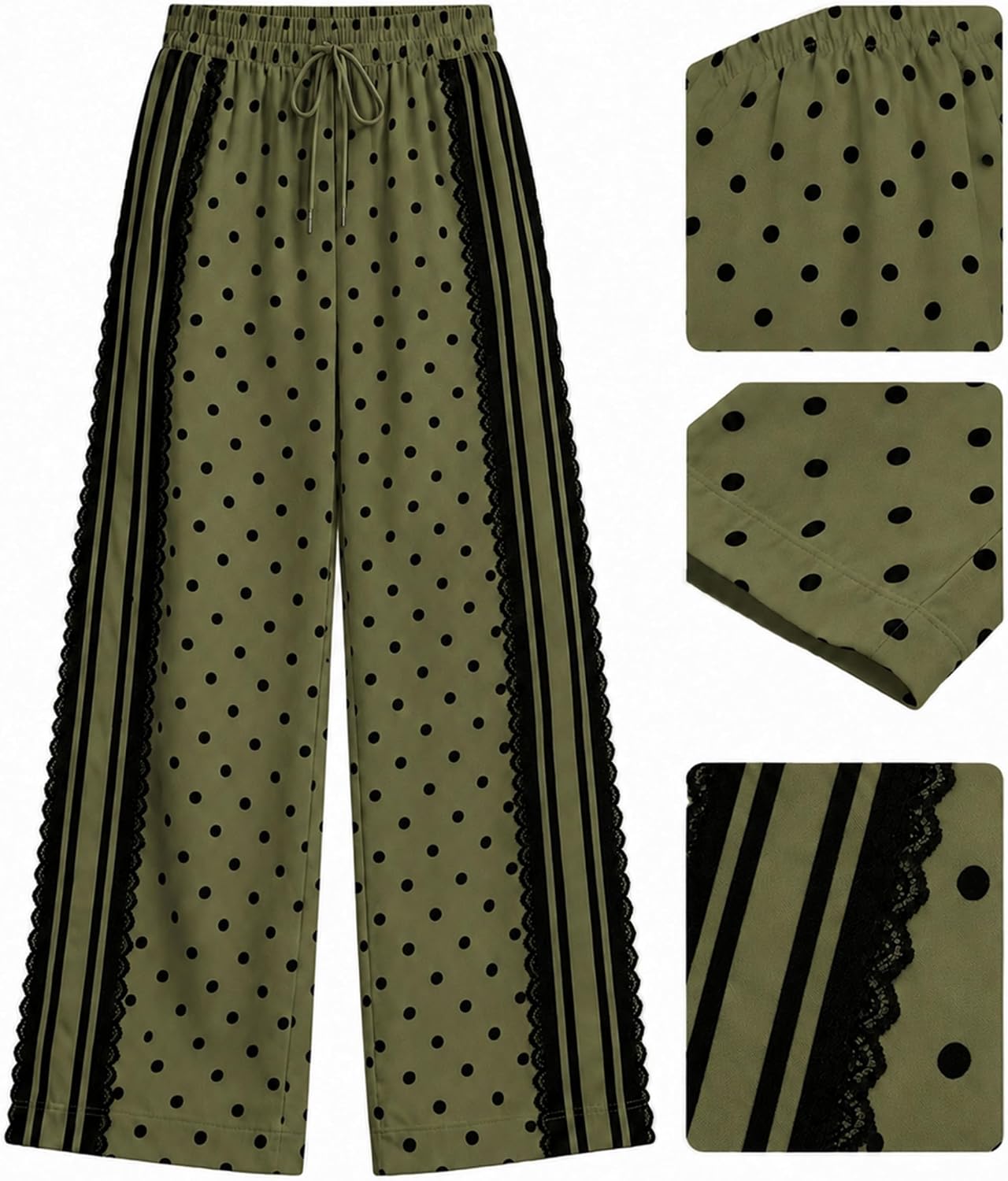 Yeokou Women's Wide Leg Pants Polka Dot Lace Striped High Waisted Casual Track Pants with Pockets Work Travel Trousers