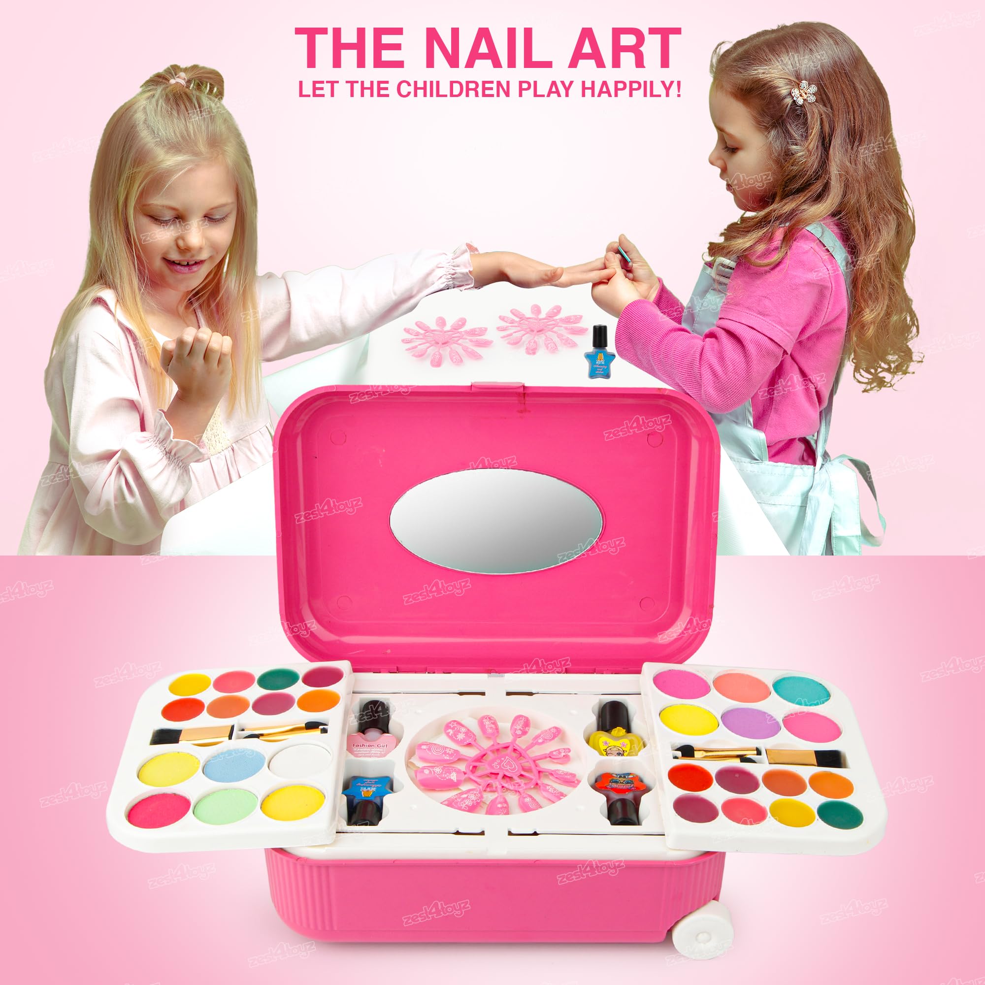 Zest 4 Toyz 2 in 1 Cosmetic Makeup Palette and Nail Art Kit for Kids with Portable Trolly Bag | Pretend Play Toy for Girls -Plastic , Multicolor - Image 2 thumbnail