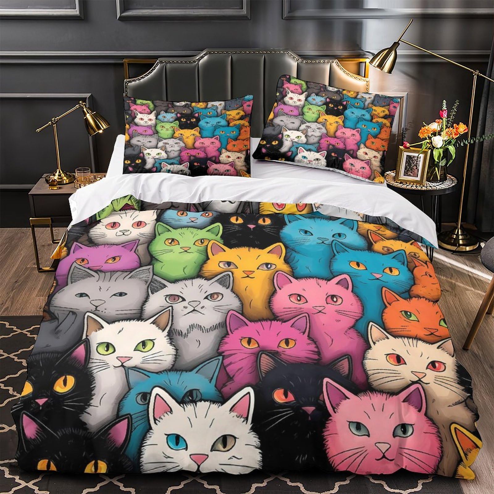 Parure de lit chats colorés housse de couette en microfibre super douce pour enfants 135x200cm