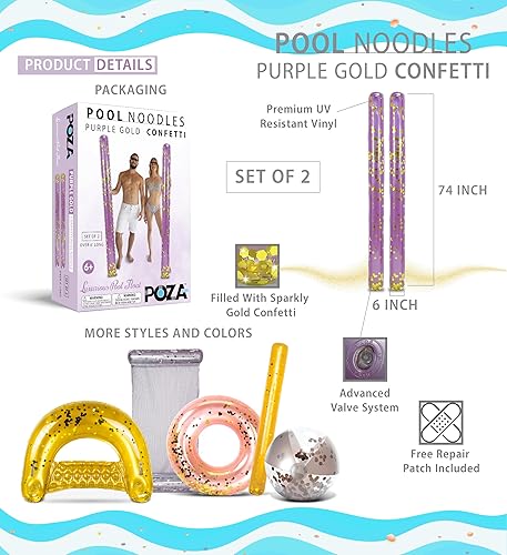 Miniatura 9 de POZA Paquete de 2 flotadores inflables para fideos de piscina gigantes de lujo premium de 73.6in con fideos flotantes de agua llenos de confeti